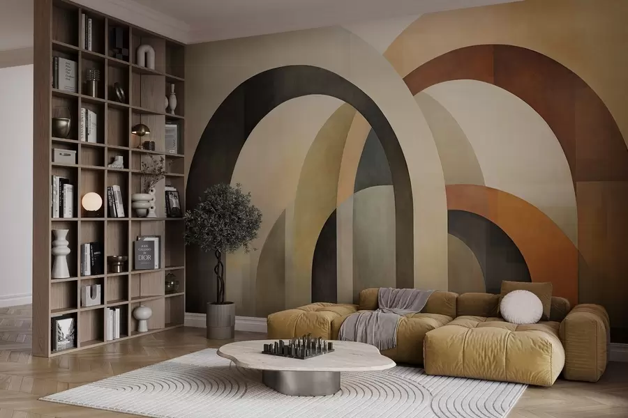 Fototapete Abstrakte, strukturierte geometrische Bögen in erdigen Beige-, Braun- und Grautönen, ein vielschichtiges modernes architektonisches Design w09611