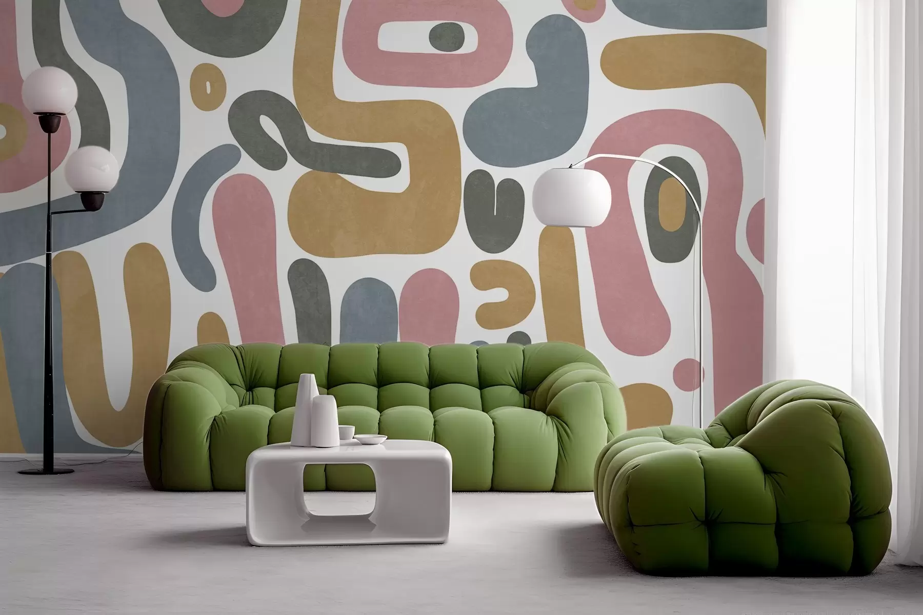 Fototapete Abstrakte, strukturierte Formen in Pastellrosa, gedecktem Blau, Senfgelb und Grau auf weißem Hintergrund – moderne Kunst w09620