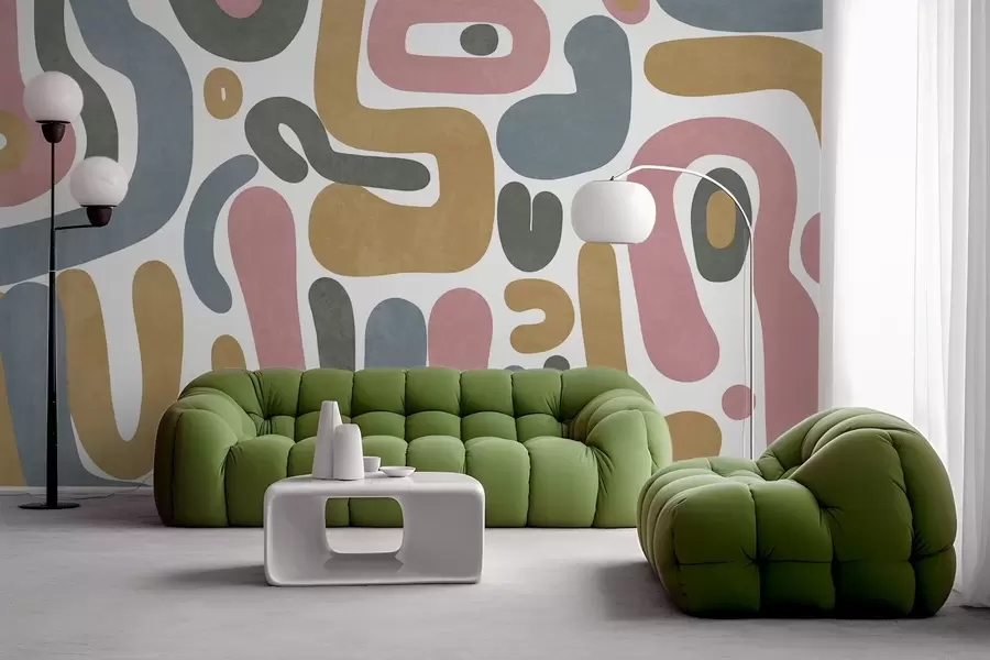 Fototapete Abstrakte, strukturierte Formen in Pastellrosa, gedecktem Blau, Senfgelb und Grau auf weißem Hintergrund – moderne Kunst w09620