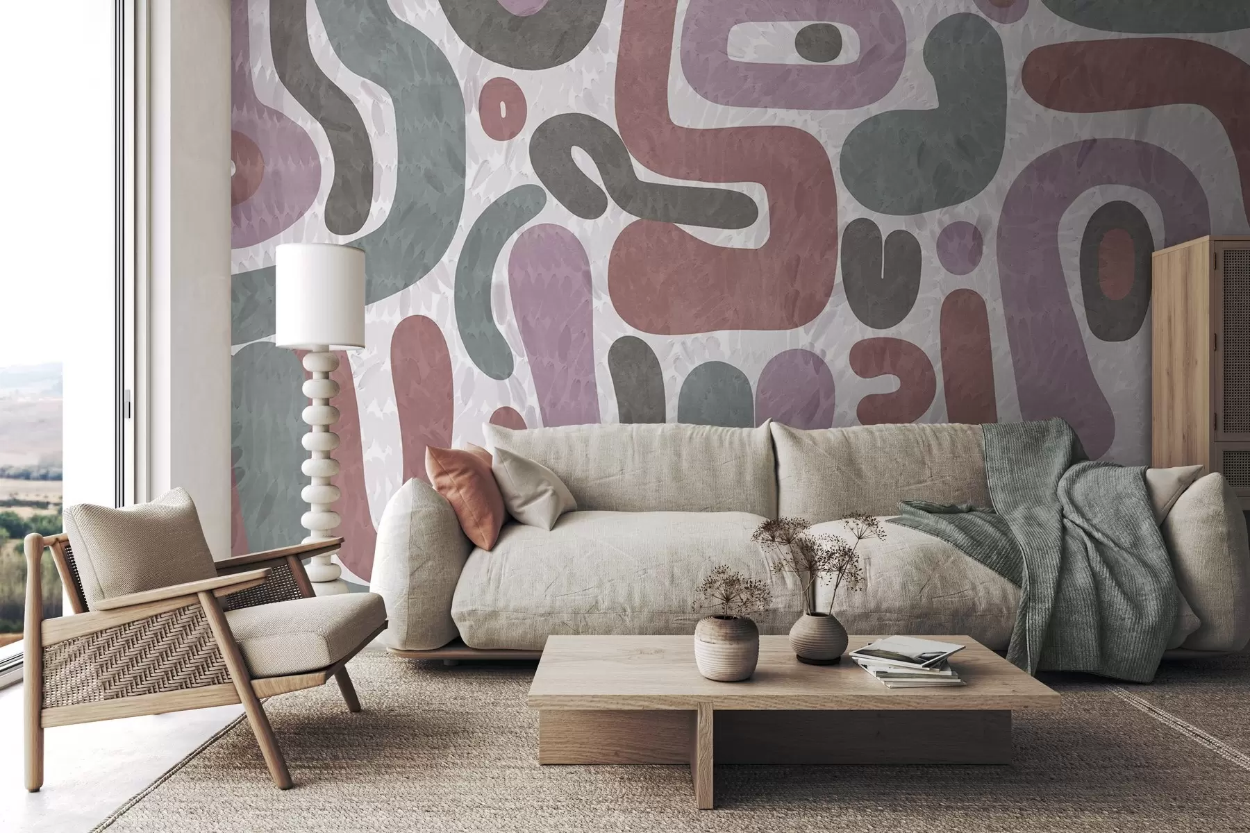 Fototapete Abstrakte, strukturierte Formen in gedeckten Rosa-, Grün- und Grautönen auf strukturiertem Hintergrund – moderne Kunst w09622