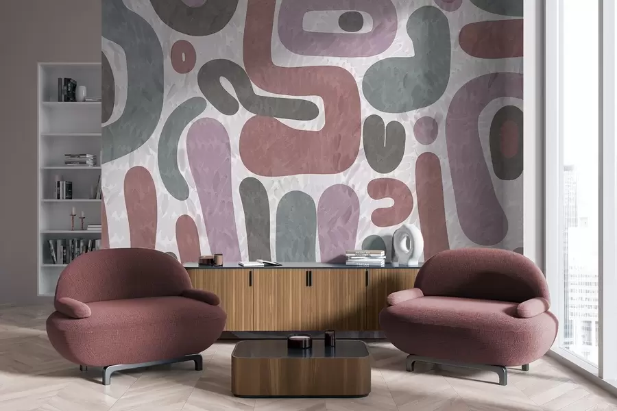 Fototapete Abstrakte, strukturierte Formen in gedeckten Rosa-, Grün- und Grautönen auf strukturiertem Hintergrund – moderne Kunst w09622