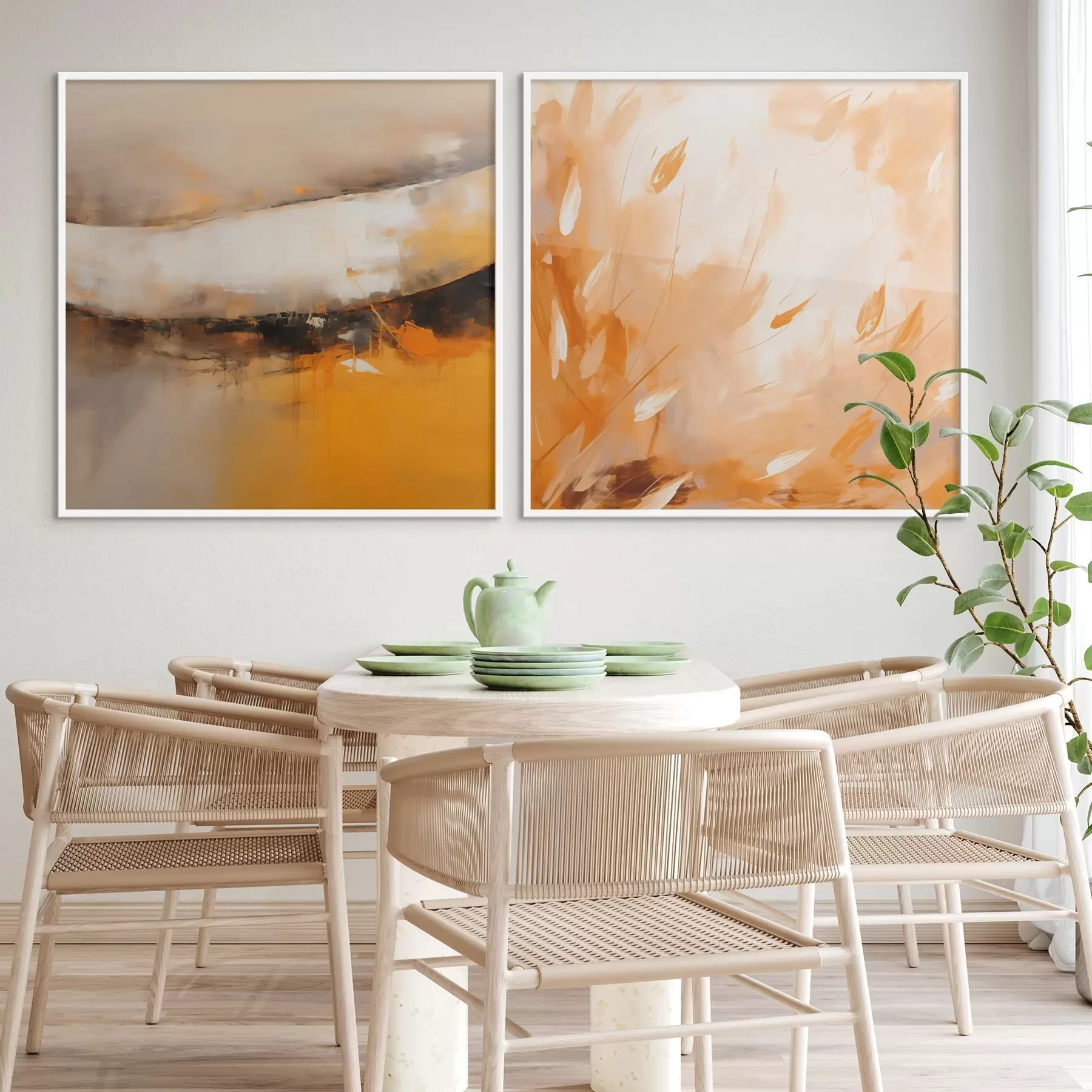 Fototapete Abstraktes Diptychon im Ölstil mit gelb-orangefarbenen und schwarzen Tönen d00897