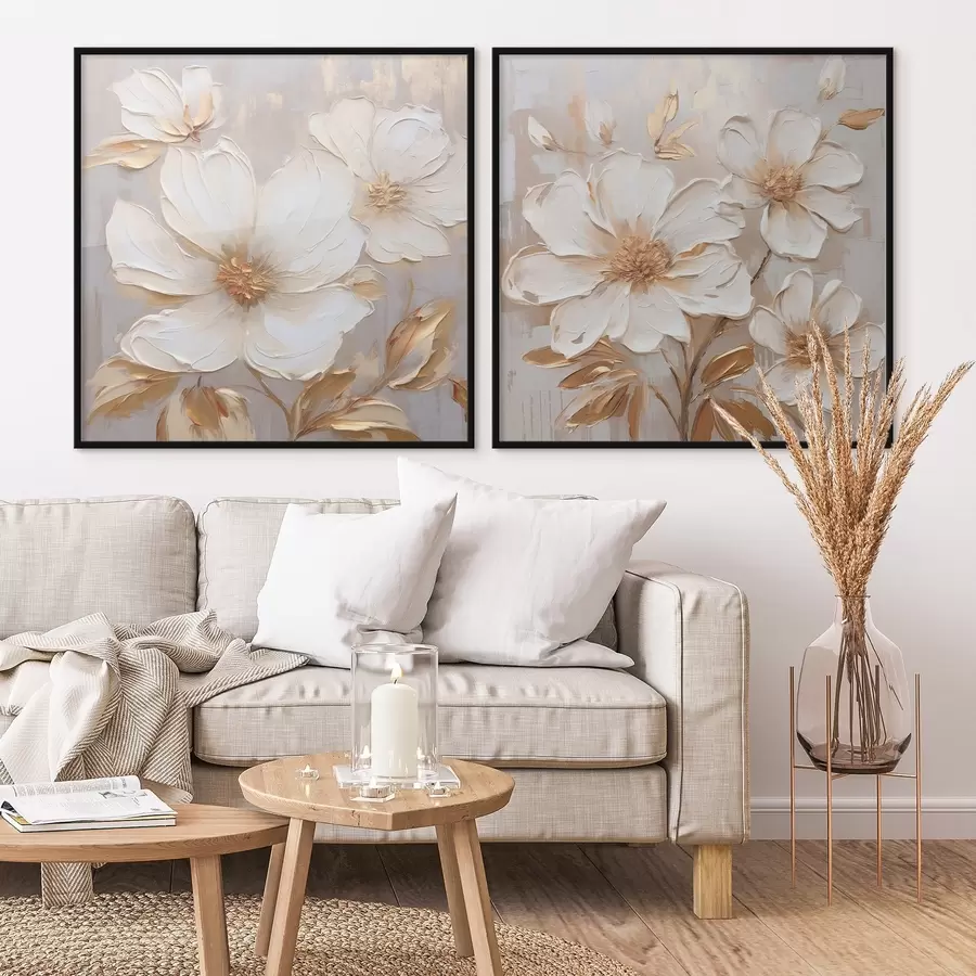 Fototapete Diptychon mit großen Blumen in hellen, warmen Farben d00927