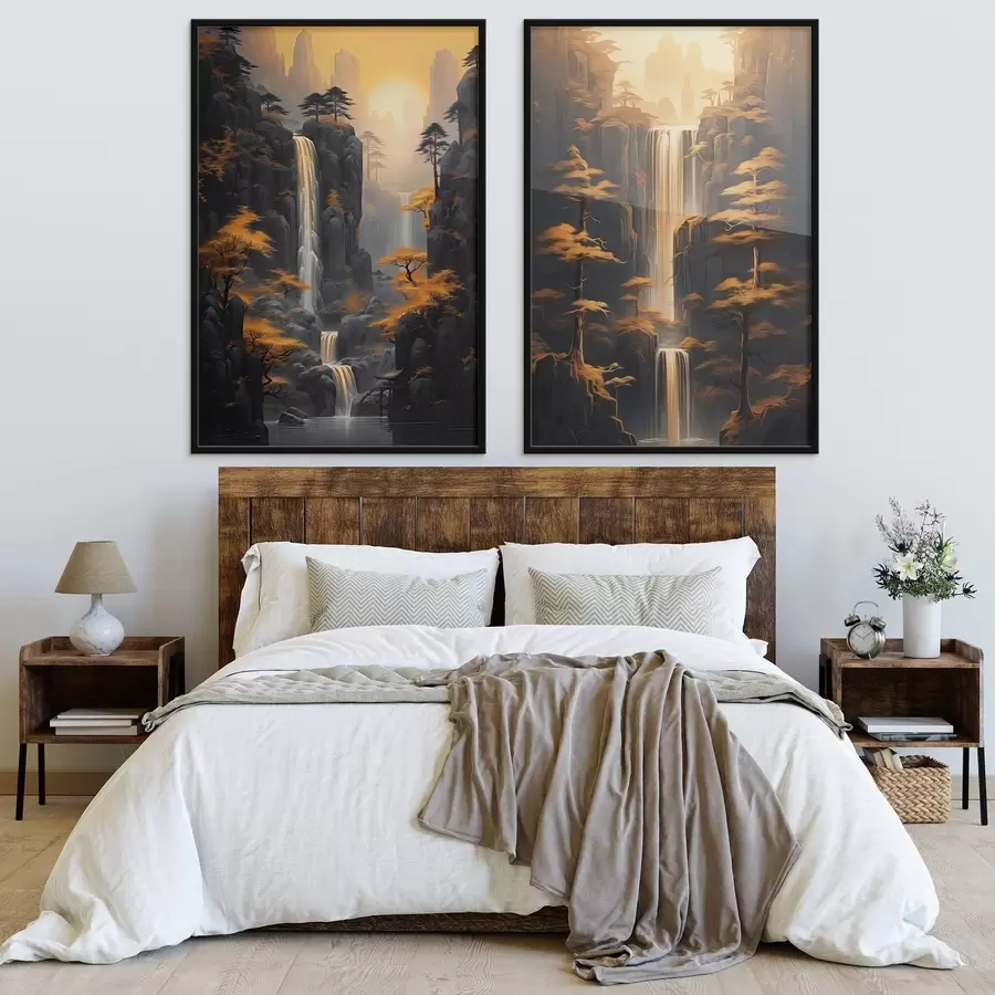 Fototapete Landschaft mit Wasserfall und Bergen in goldenem Licht d00928