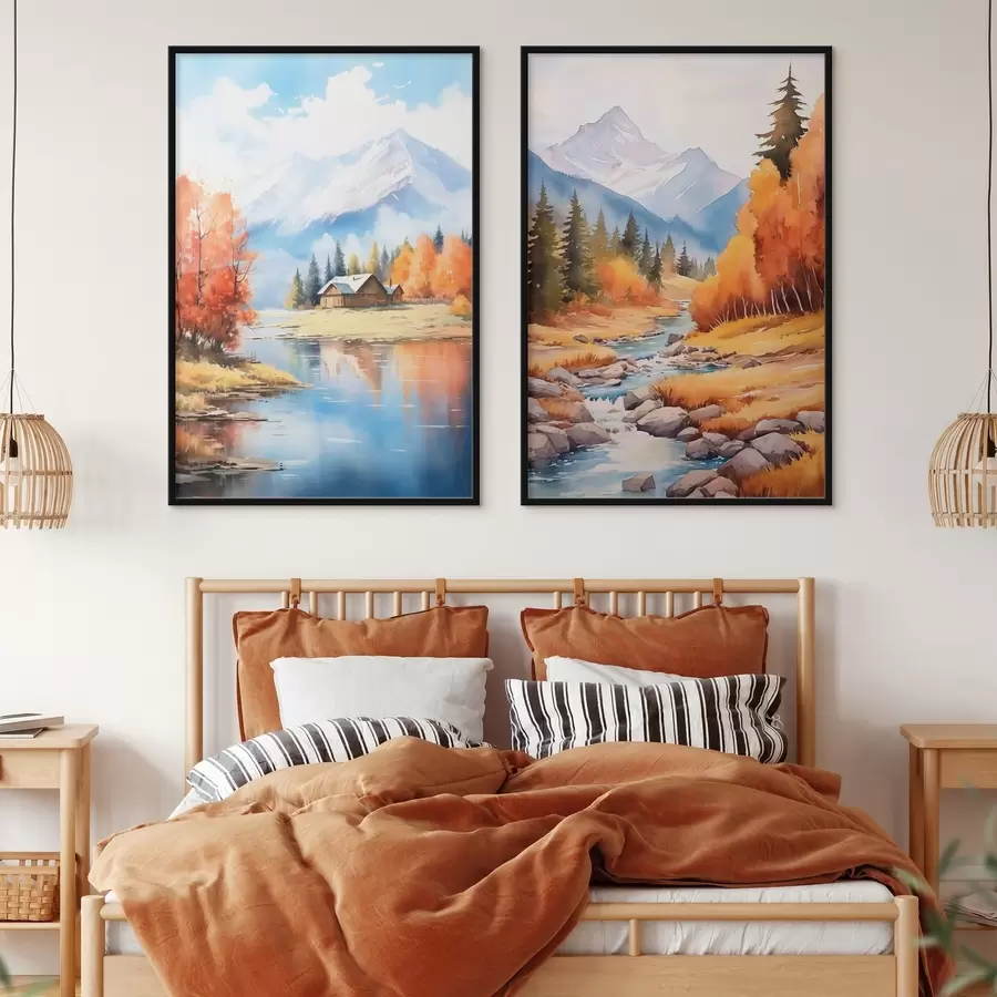 Fototapete Herbstliche Berglandschaft mit See und Fluss d00929