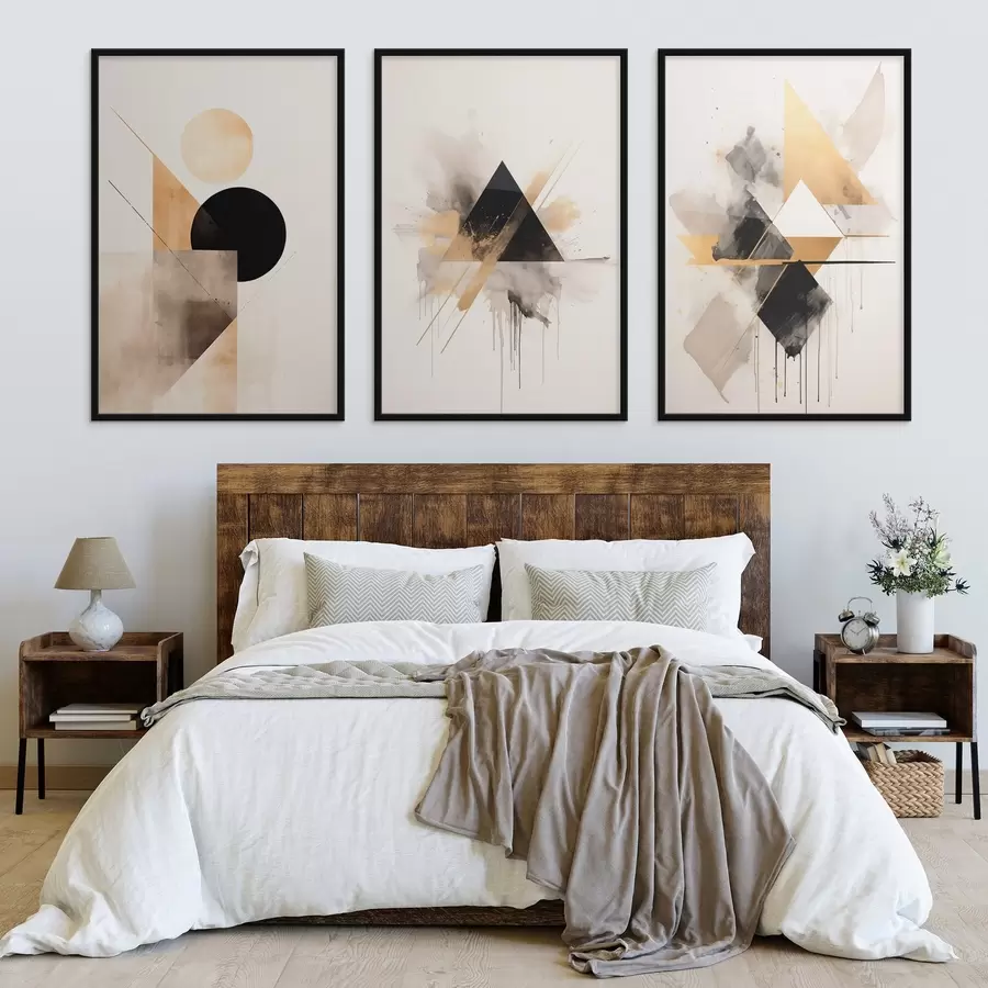 Fototapete Geometrische Dreiecke mit Tintenflecken, schwarz und ockerfarben d00963