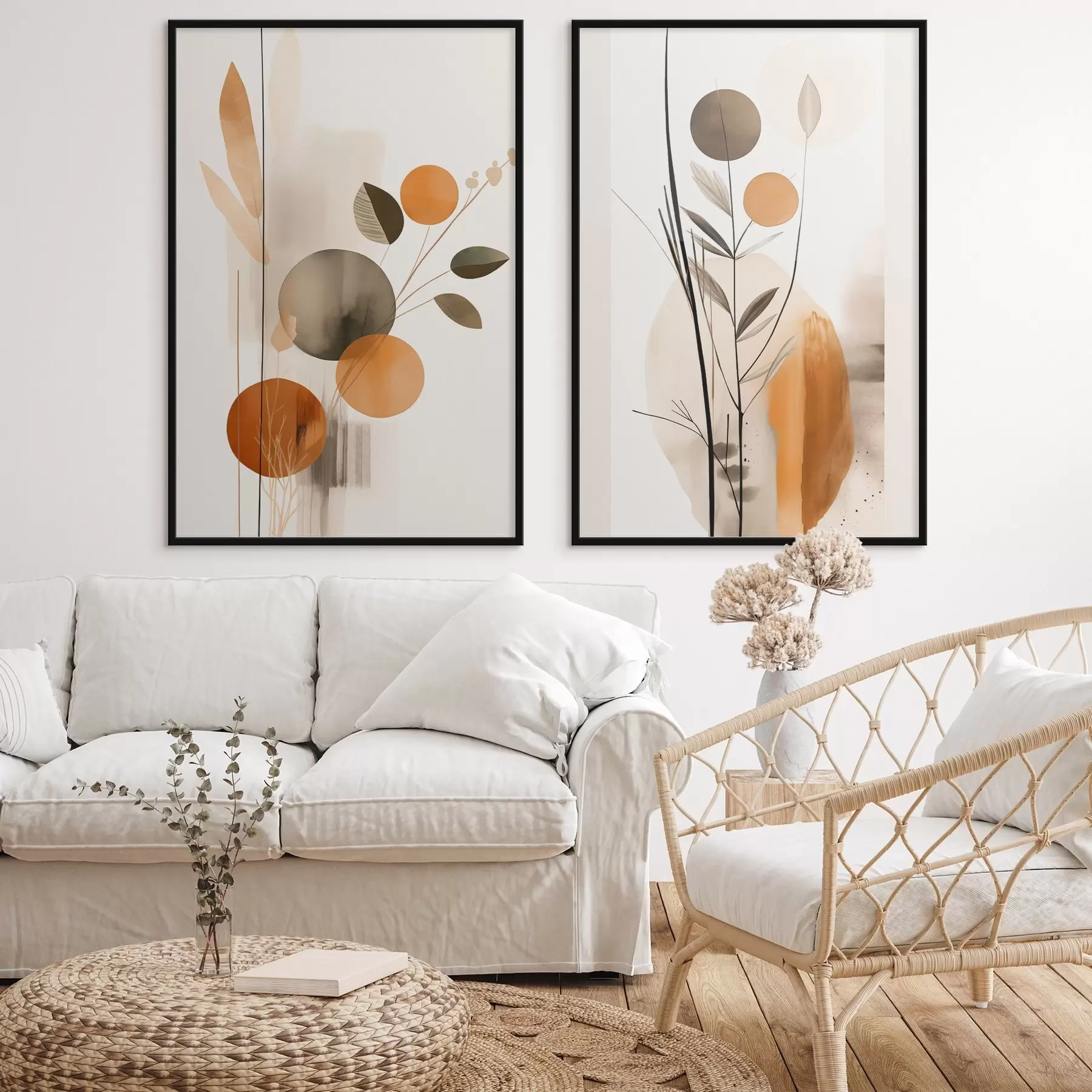 Fototapete Abstrakte Malerei-Imitation mit orangefarbenen und grauen Kreisen, Blättern und Zweigen, moderner Stil, Aquarelleffekt d01009