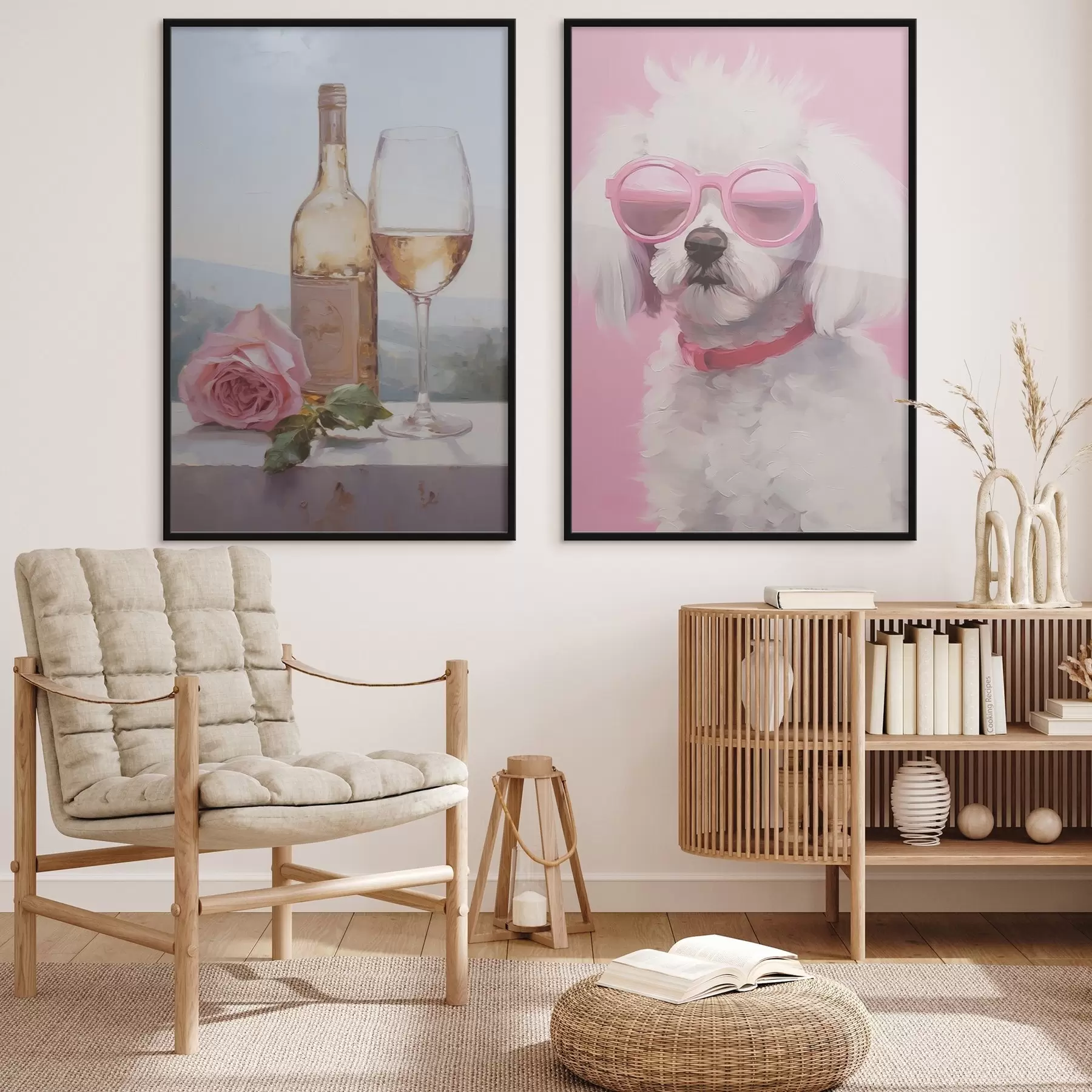 Fototapete Eine Flasche und ein Glas Wein und ein Pudel mit Brille, Gemäldeimitation d01021