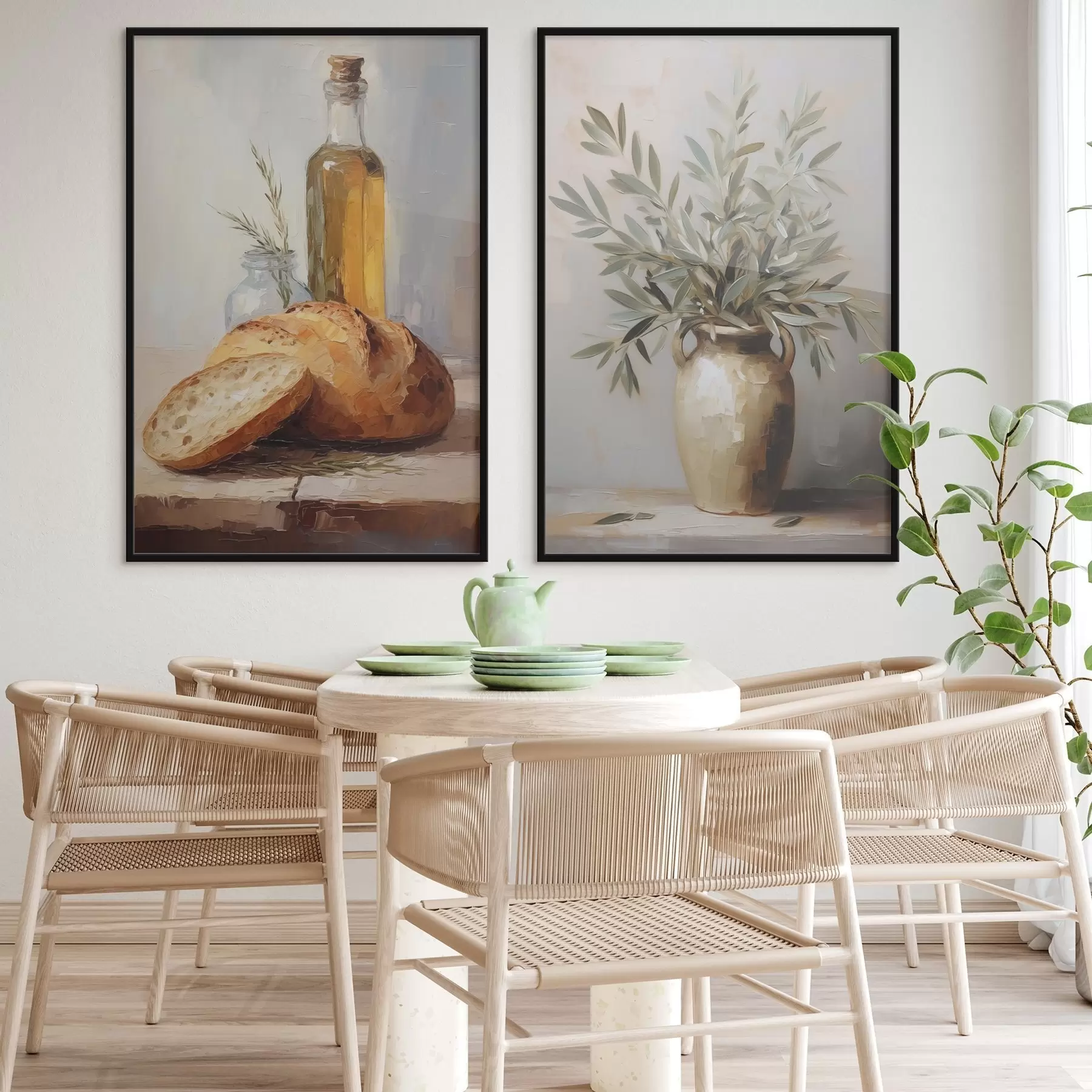 Fototapete Olivenzweige in einer Vase, Brot und eine Flasche Öl, Gemäldeimitation d01035