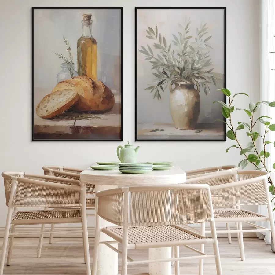 Fototapete Olivenzweige in einer Vase, Brot und eine Flasche Öl, Gemäldeimitation d01035