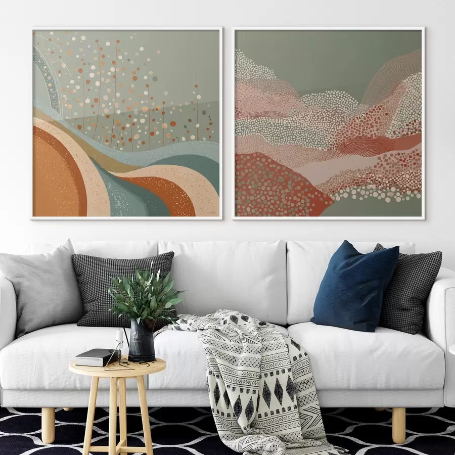 Fototapete Zweiteilige abstrakte Landschaft mit gepunkteten und wellenförmigen Elementen d00987