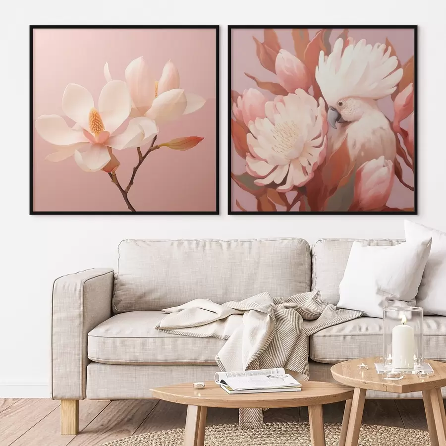 Fototapete Blumenarrangement mit einem Vogel in künstlerischem Illustrationsstil d00994