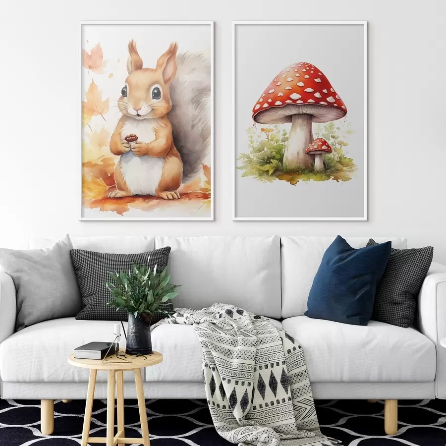 Fototapete Eichhörnchen und Waldpilz, Fliegenpilz, Aquarellimitation d01049