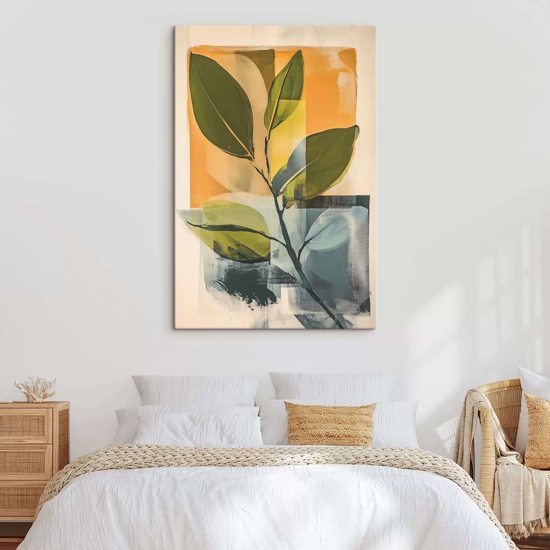 Wandbilder Ein Zweig mit Blättern vor einem abstrakten Hintergrund s47250