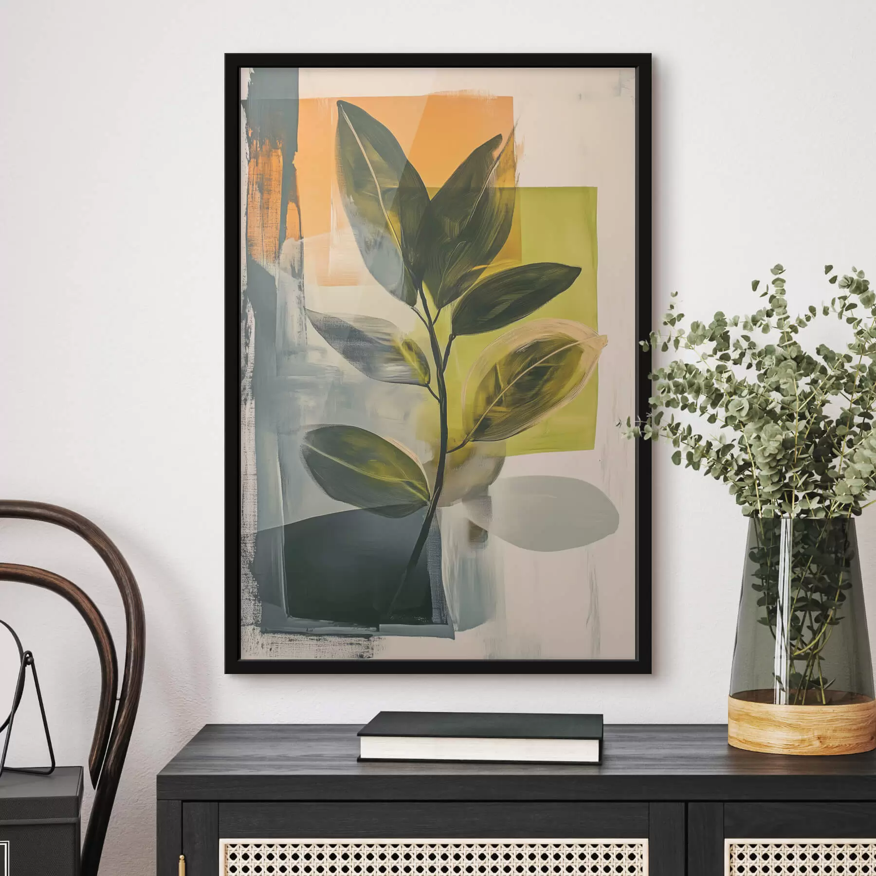 Fototapete Ein Zweig mit Blättern vor einem abstrakten Hintergrund f47249