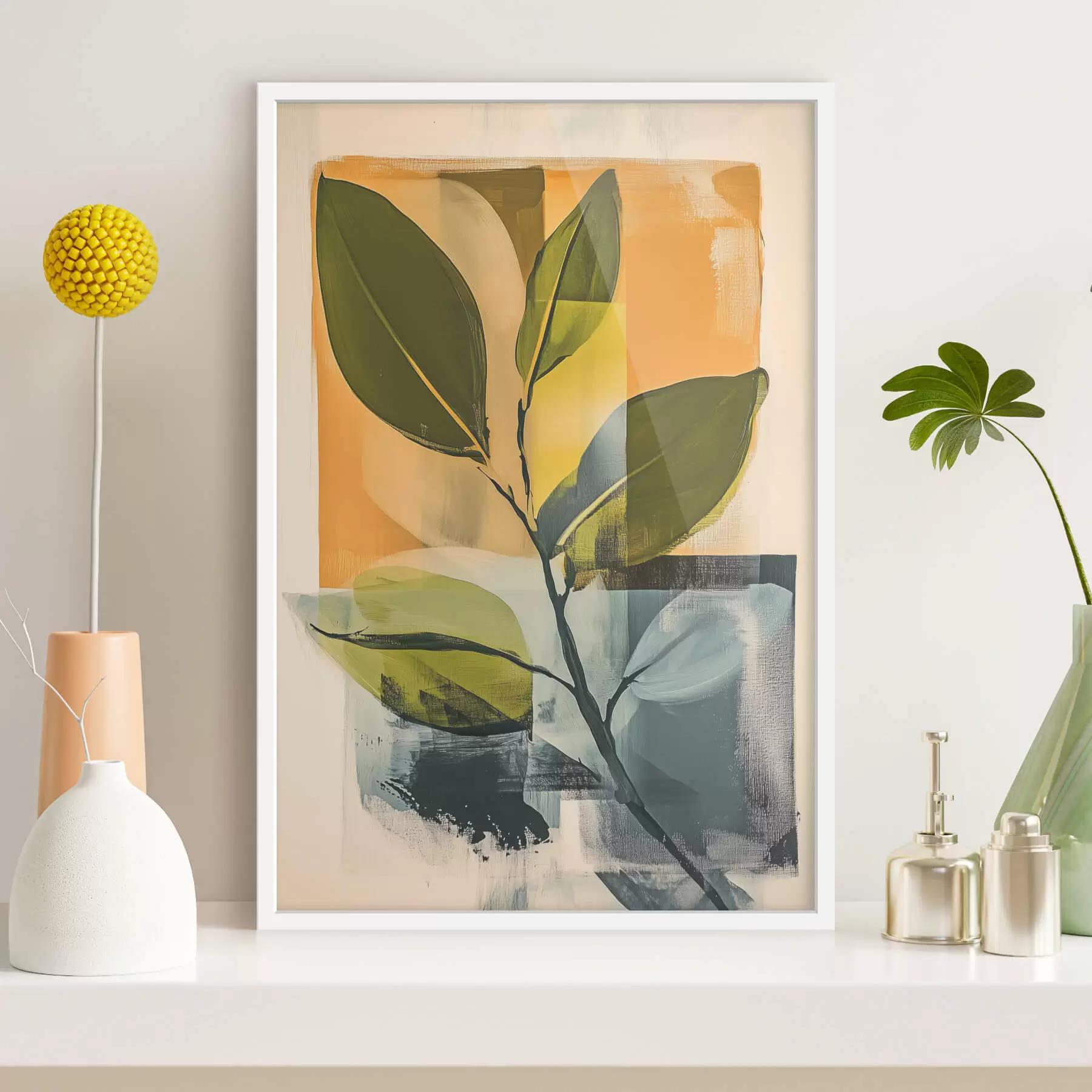 Fototapete Ein Zweig mit Blättern vor einem abstrakten Hintergrund f47250