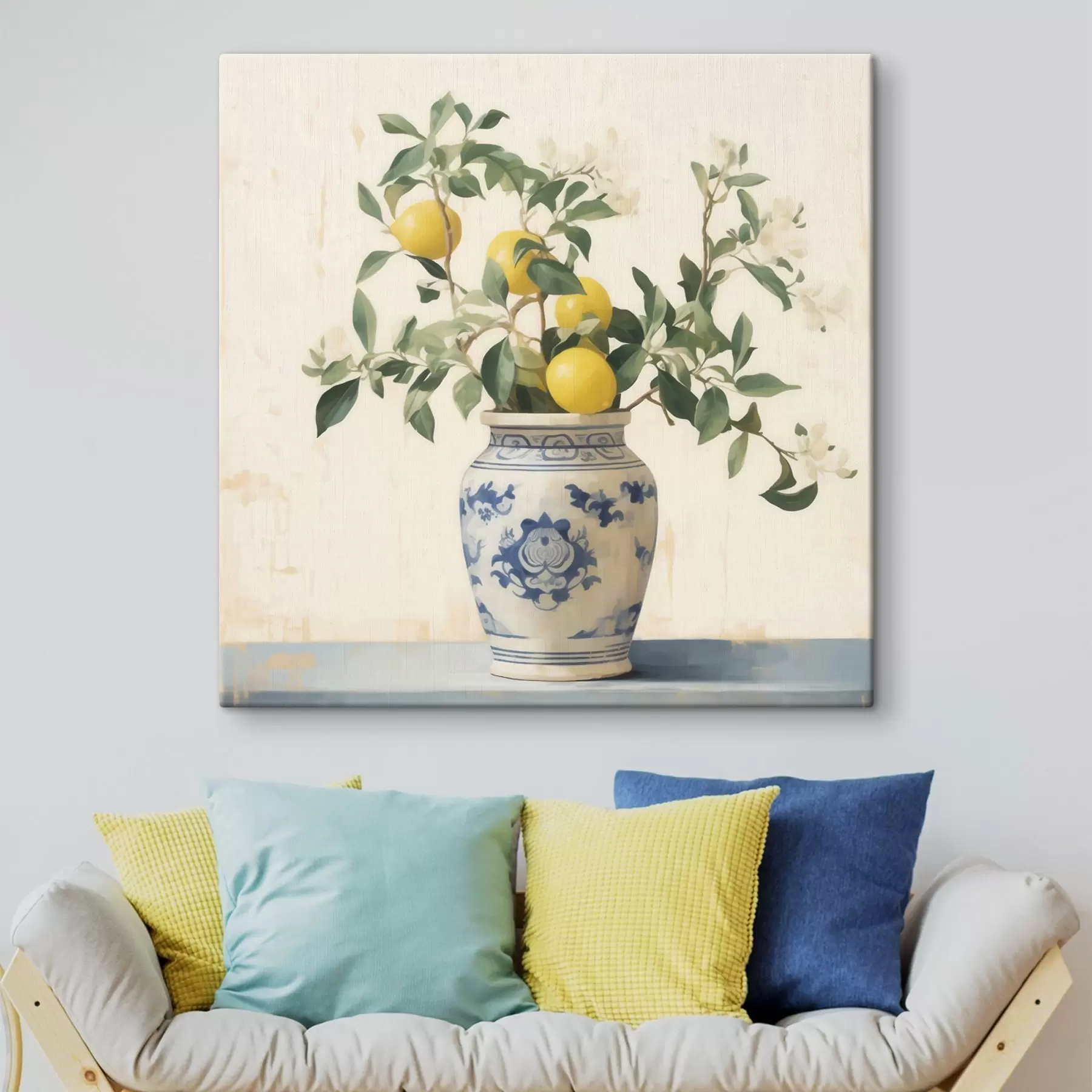 Wandbilder Zitronen in einer blau-weißen Keramikvase im Stil eines Ölgemäldes s46924