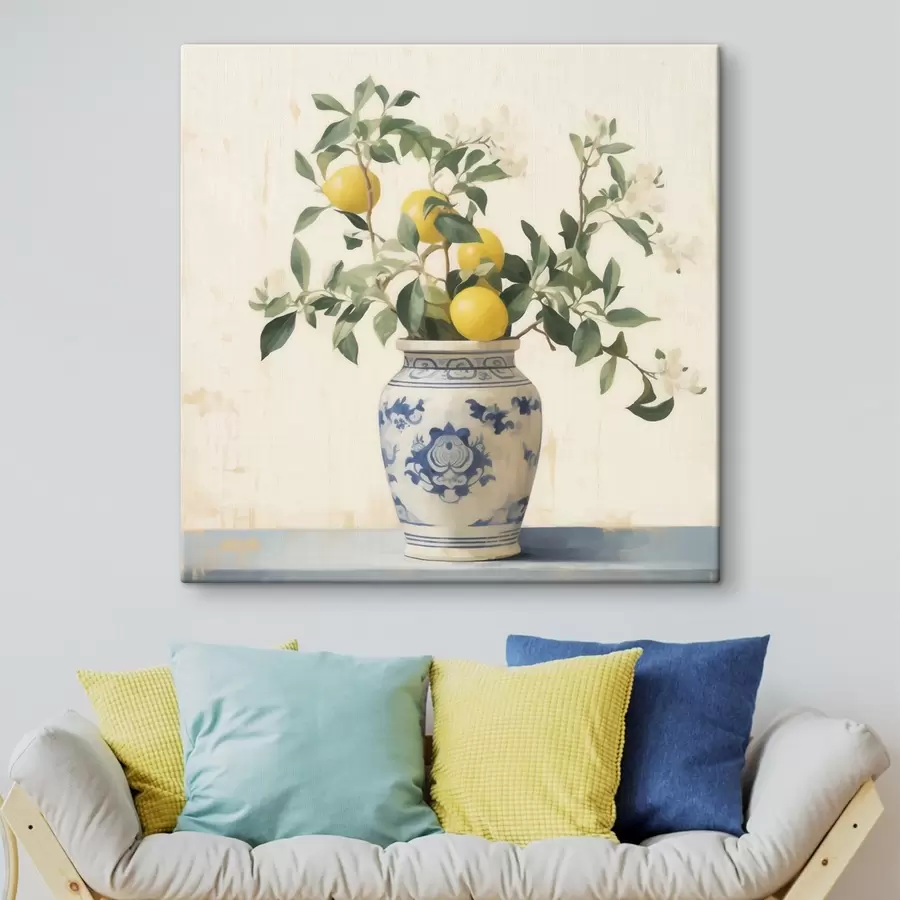Wandbilder Zitronen in einer blau-weißen Keramikvase im Stil eines Ölgemäldes s46924