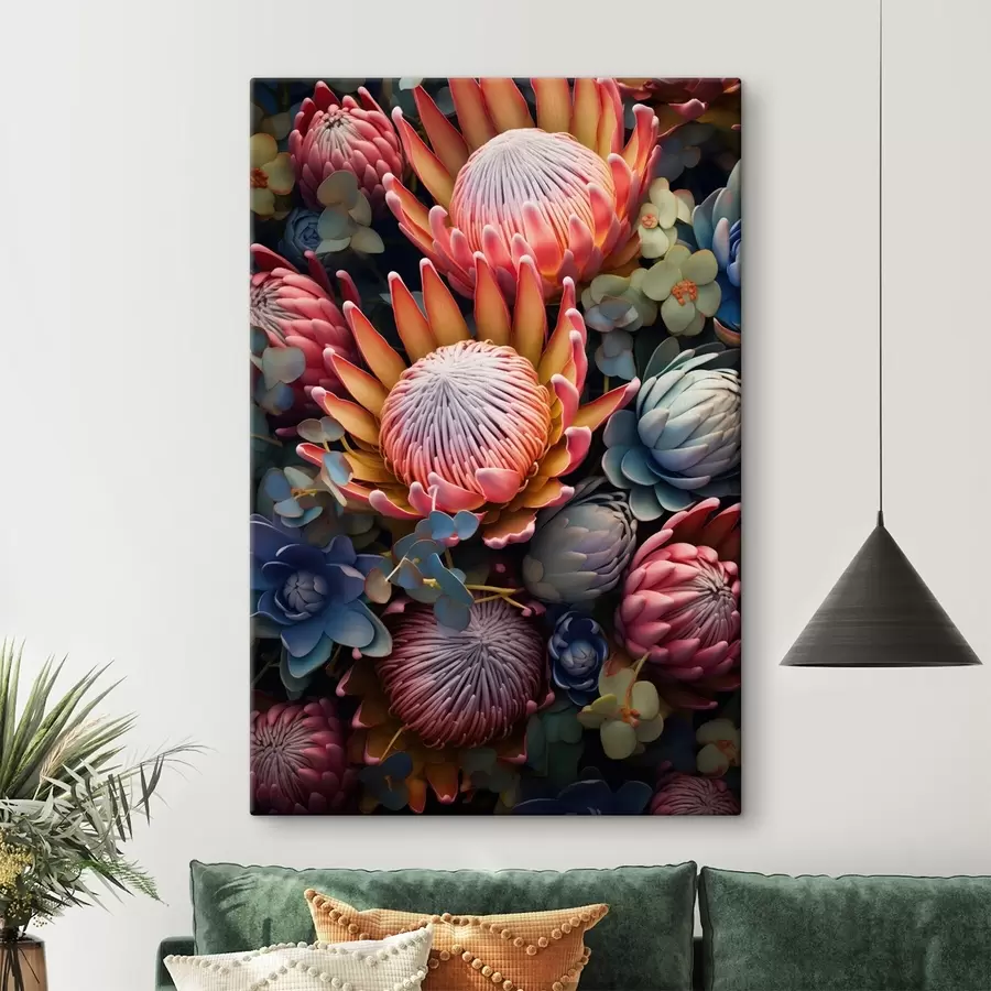 Wandbilder Komposition aus Proteas, Eukalyptus und Sukkulenten in einem fotorealistischen digitalen Kunststil s46925
