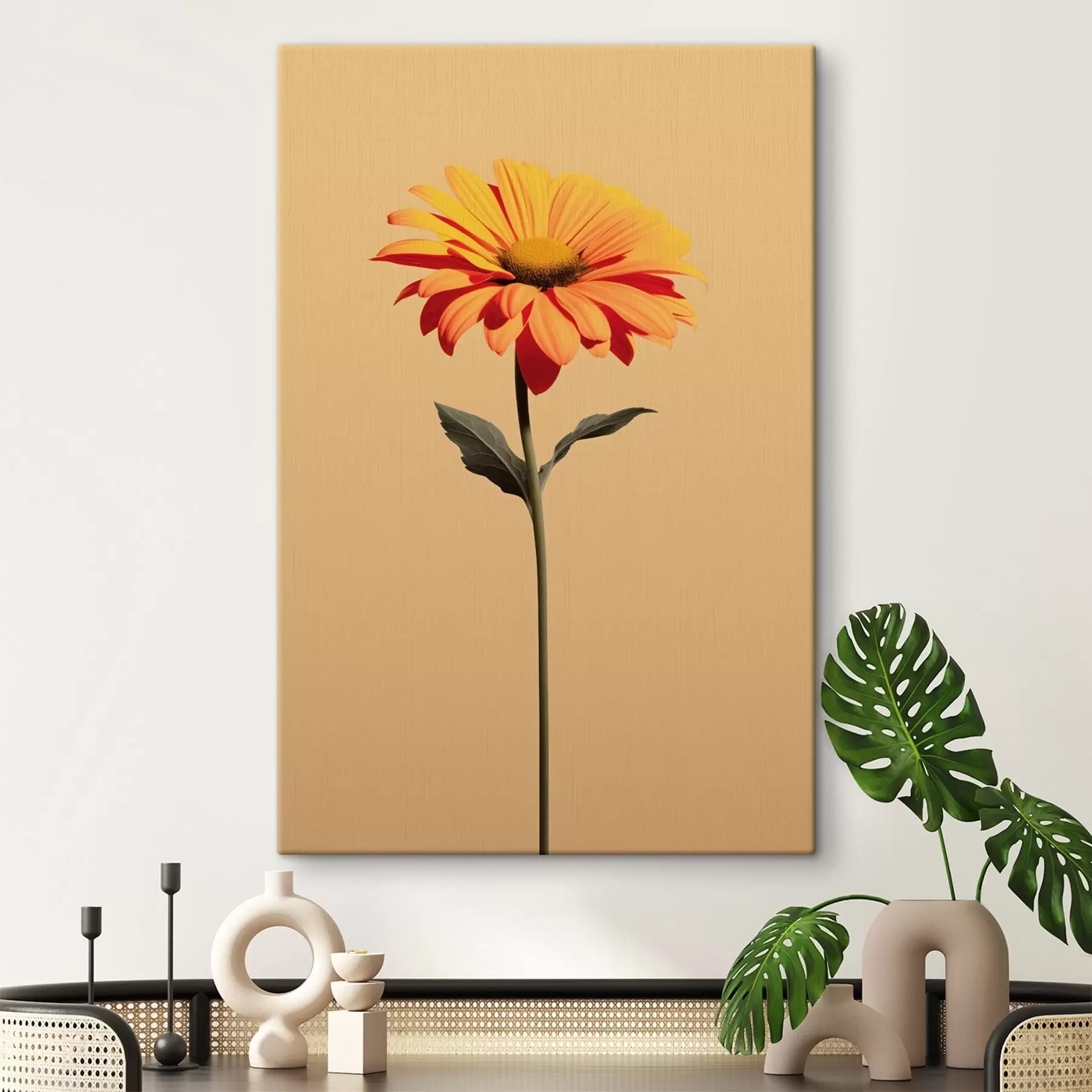 Wandbilder Gerbera-Blume auf einfarbigem Hintergrund mit sanftem Licht in minimalistischem Stil s46928