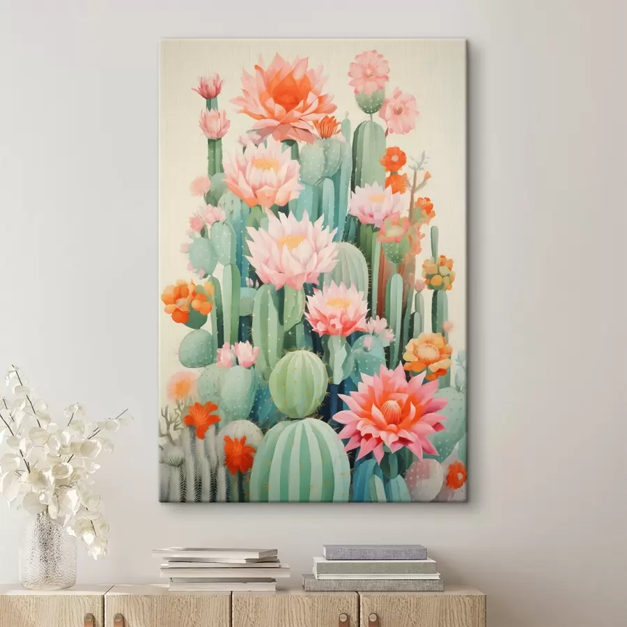 Wandbilder Blühende Kakteen mit rosa und orangefarbenen Blüten im Illustrationsstil s46934
