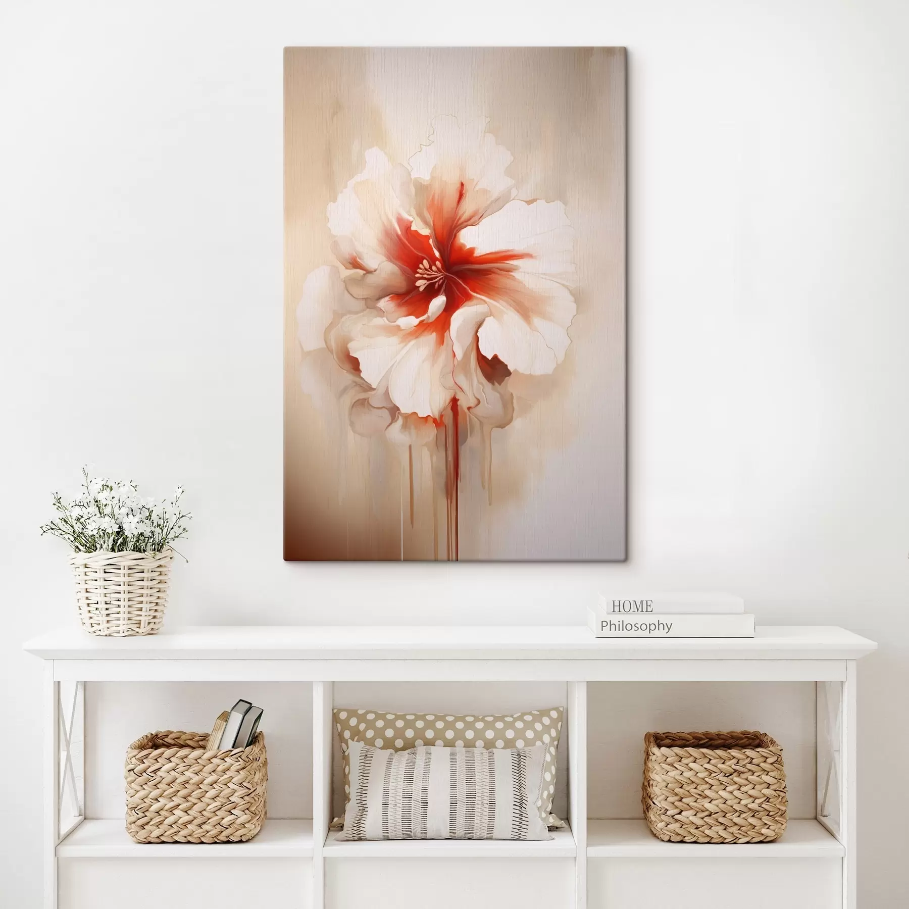 Wandbilder Weiße und rote Blume mit halbtransparenten Blütenblättern und fließenden Farbtropfen s46940