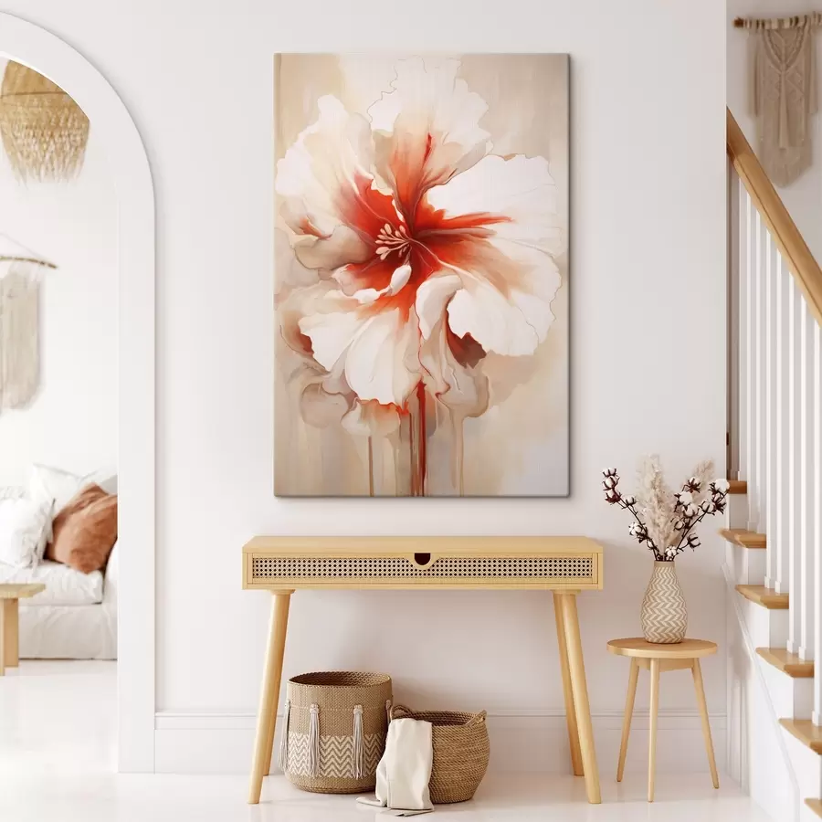 Wandbilder Nahaufnahme einer weiß-roten Blume mit halbtransparenten Blütenblättern und fließenden Farbtropfen s46941