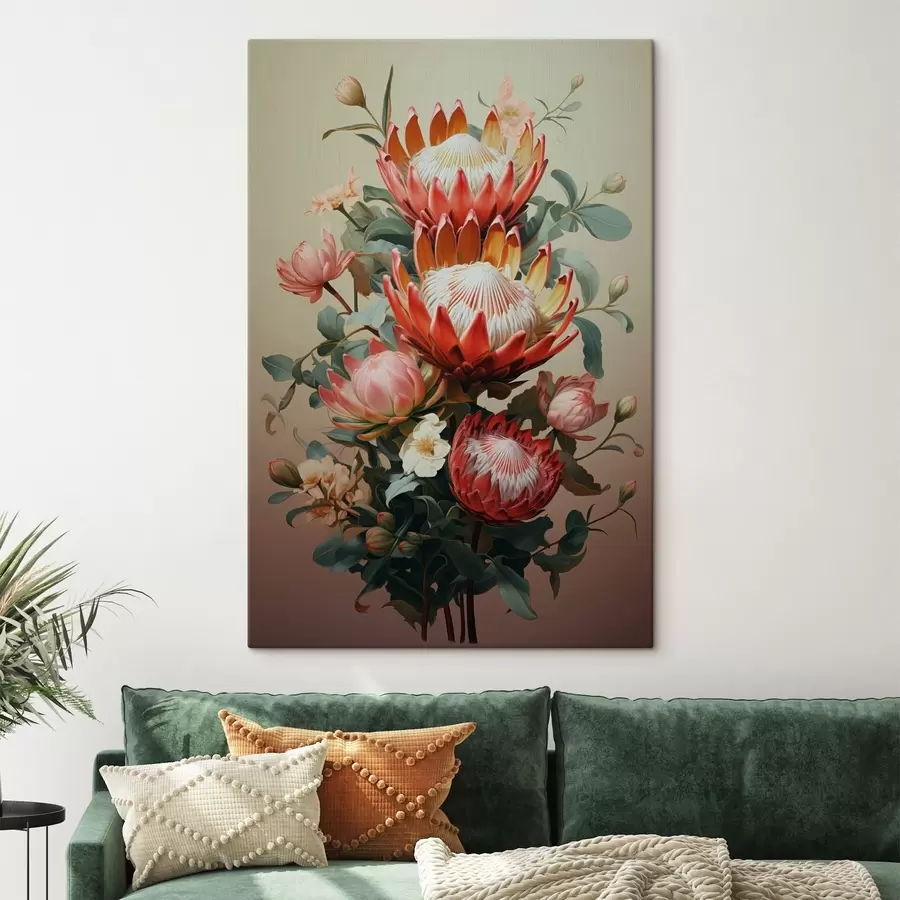 Wandbilder Komposition mit großen Proteas in einem modernen digitalen, malerischen Illustrationsstil s46947