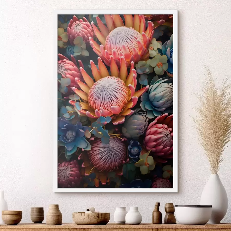 Fototapete Komposition aus Proteas, Eukalyptus und Sukkulenten in einem fotorealistischen digitalen Kunststil f46925