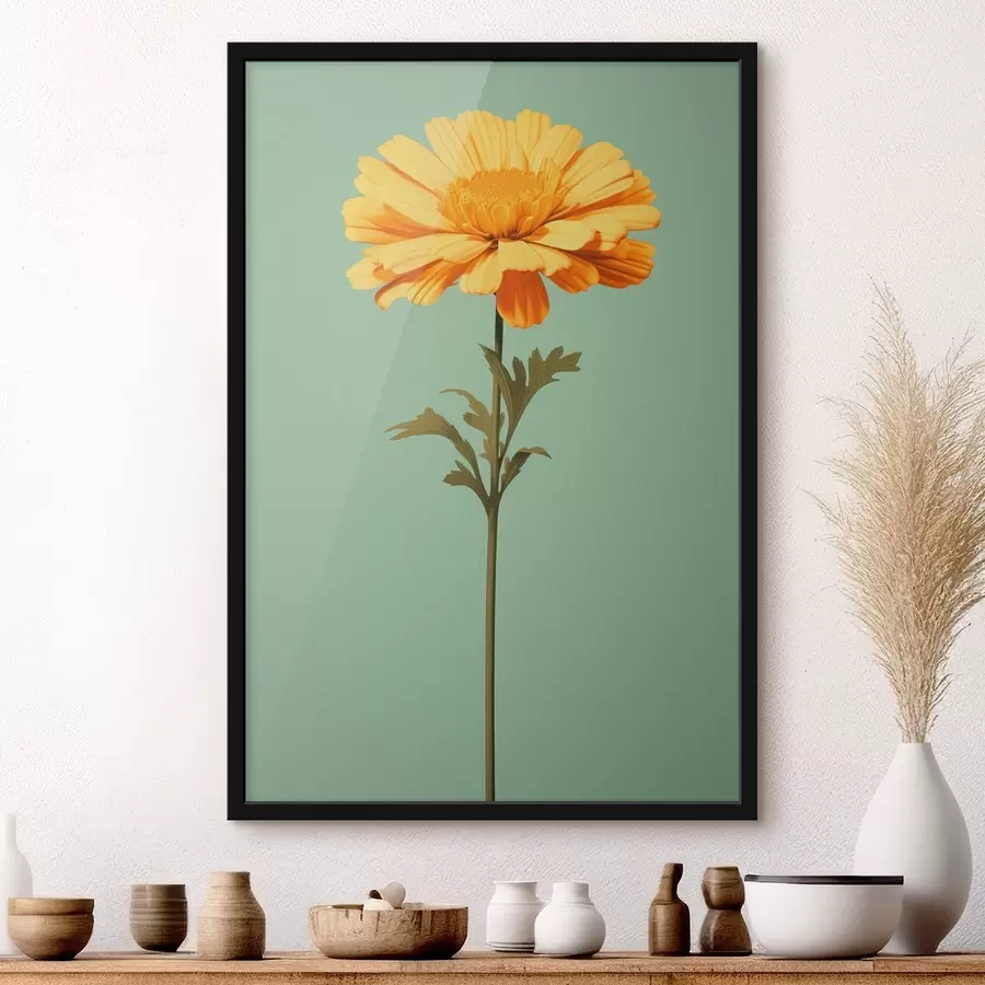 Fototapete Gelbe Ringelblume auf mintfarbenem Hintergrund im minimalistischen Stil f46926