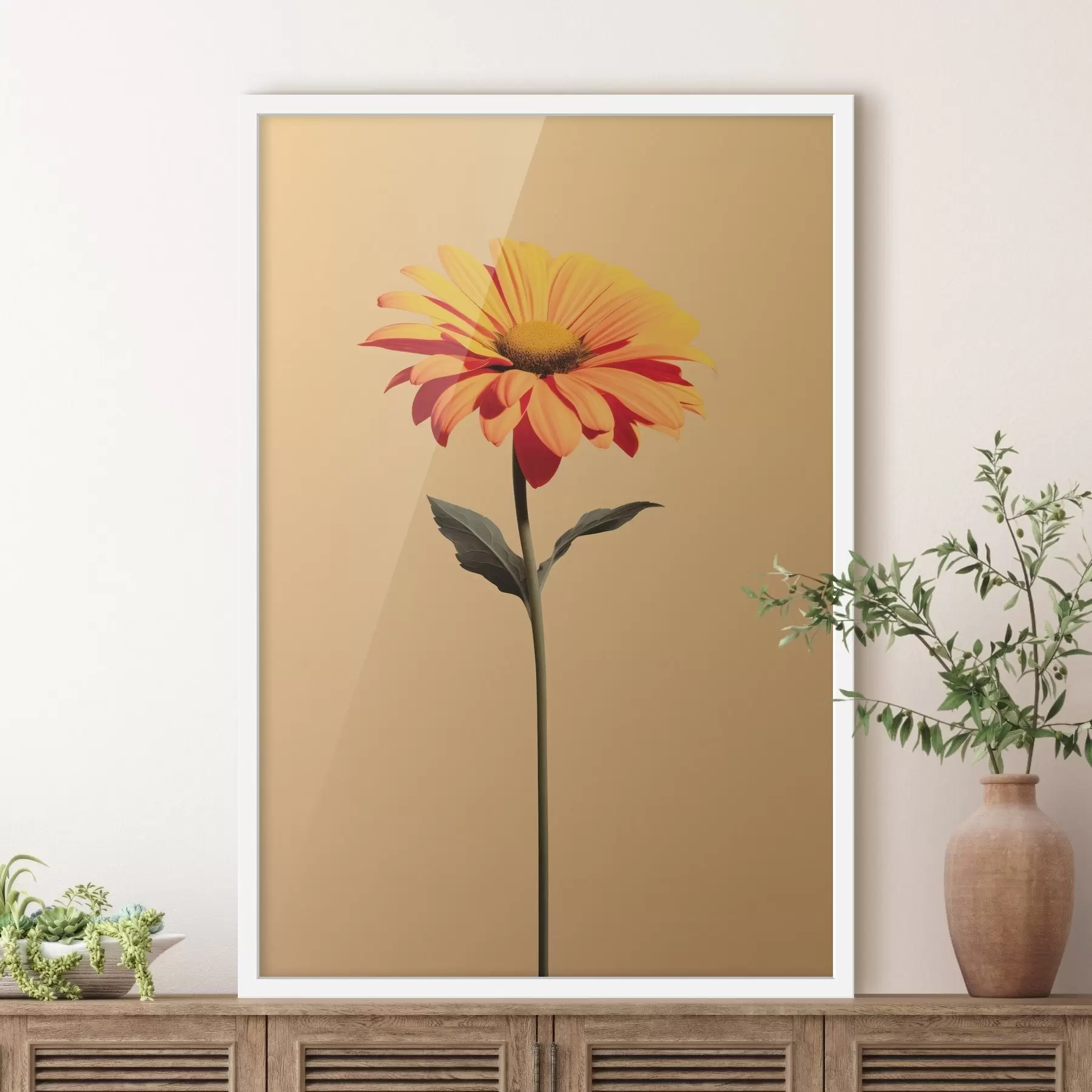 Fototapete Gerbera-Blume auf einfarbigem Hintergrund mit sanftem Licht in minimalistischem Stil f46928