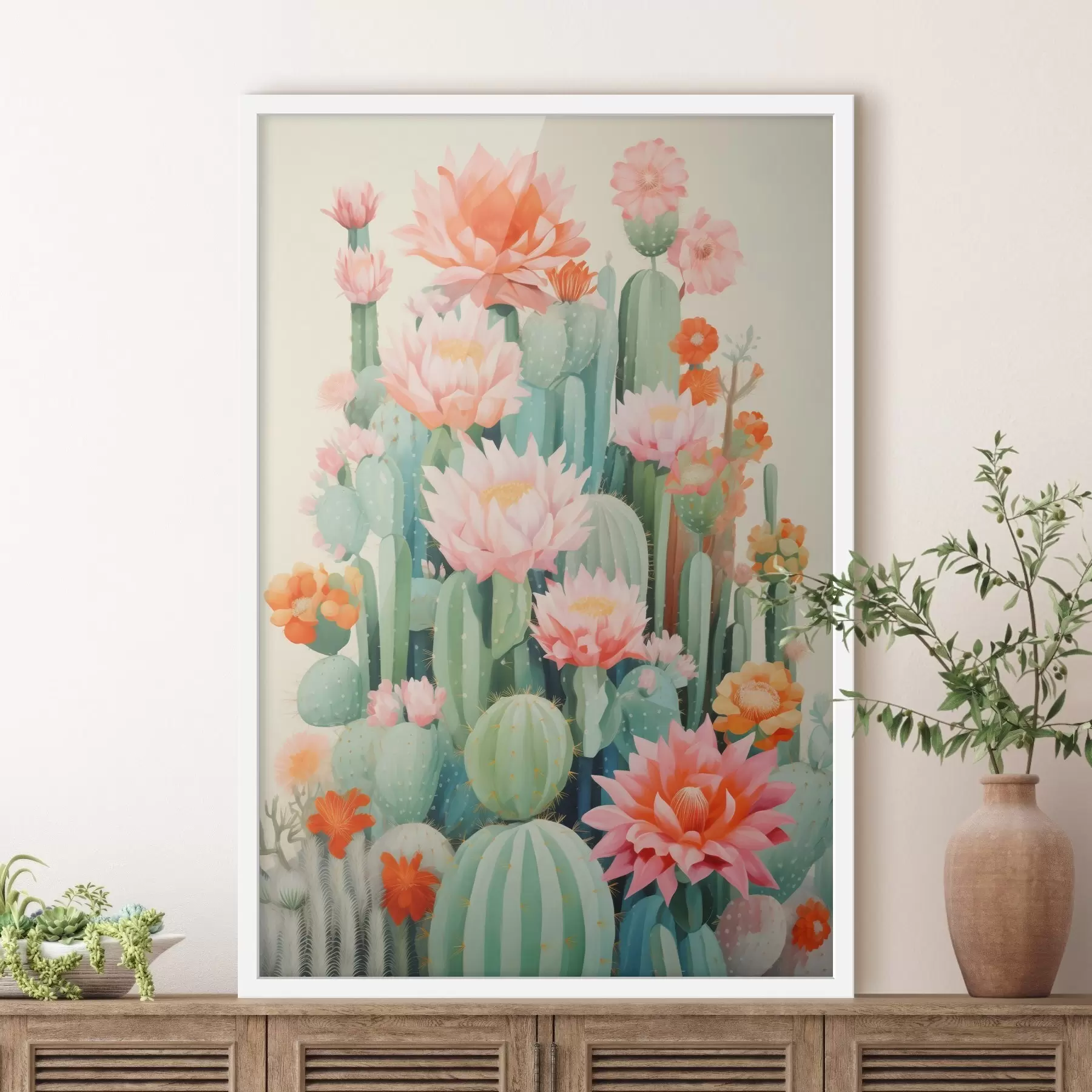 Fototapete Blühende Kakteen mit rosa und orangefarbenen Blüten im Illustrationsstil f46934