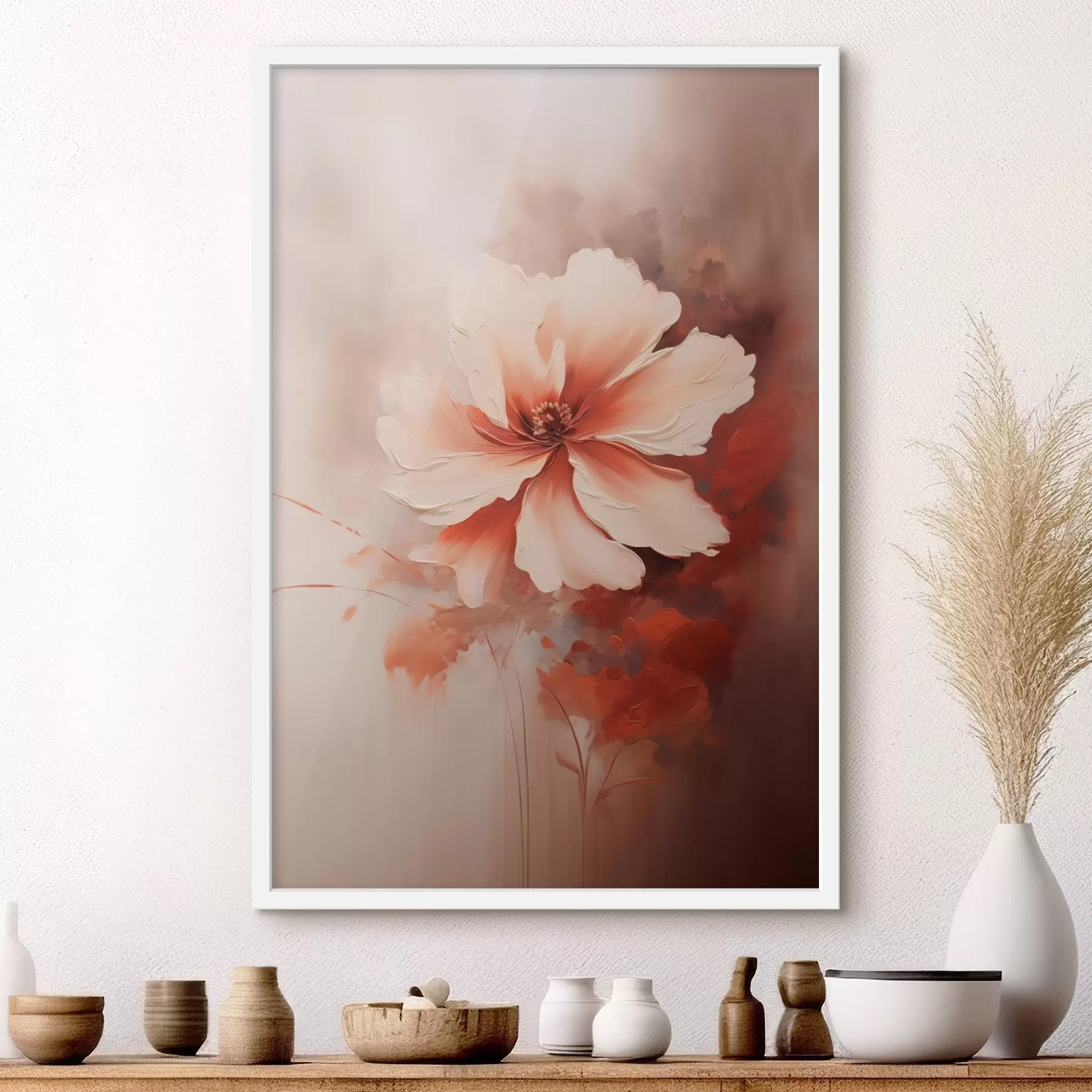 Fototapete Zarte weiße Korallenblume vor einem verschwommenen Hintergrund im Stil eines Ölgemäldes f46938