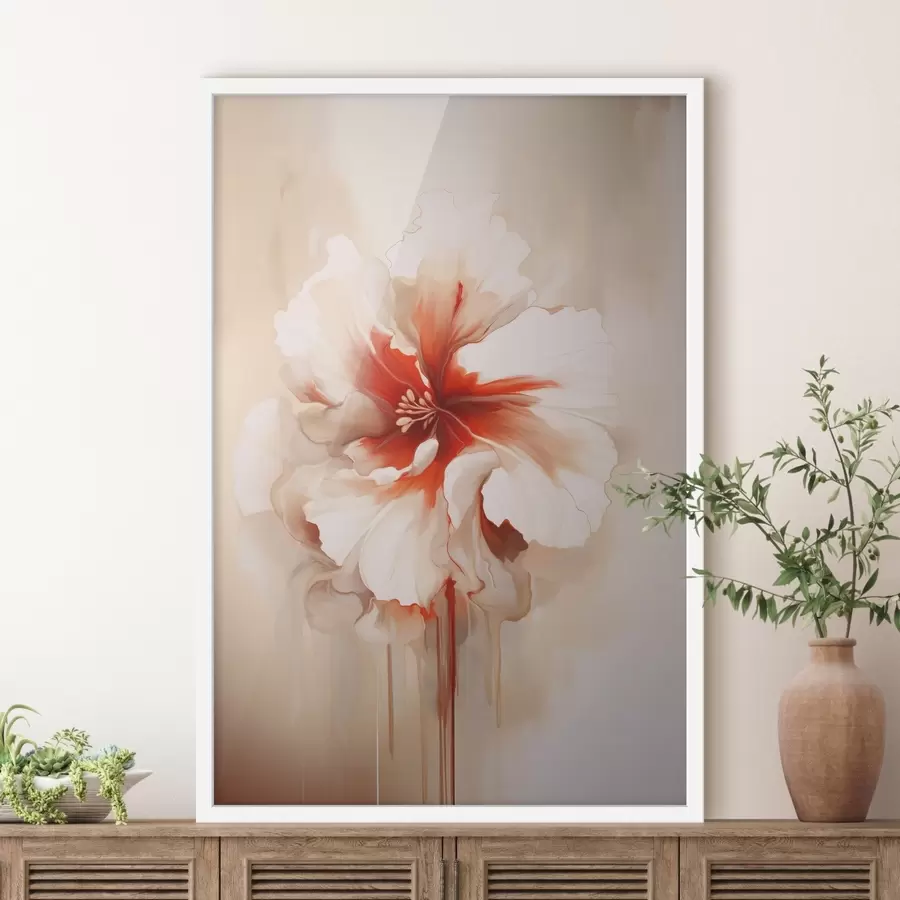 Fototapete Weiße und rote Blume mit halbtransparenten Blütenblättern und fließenden Farbtropfen f46940