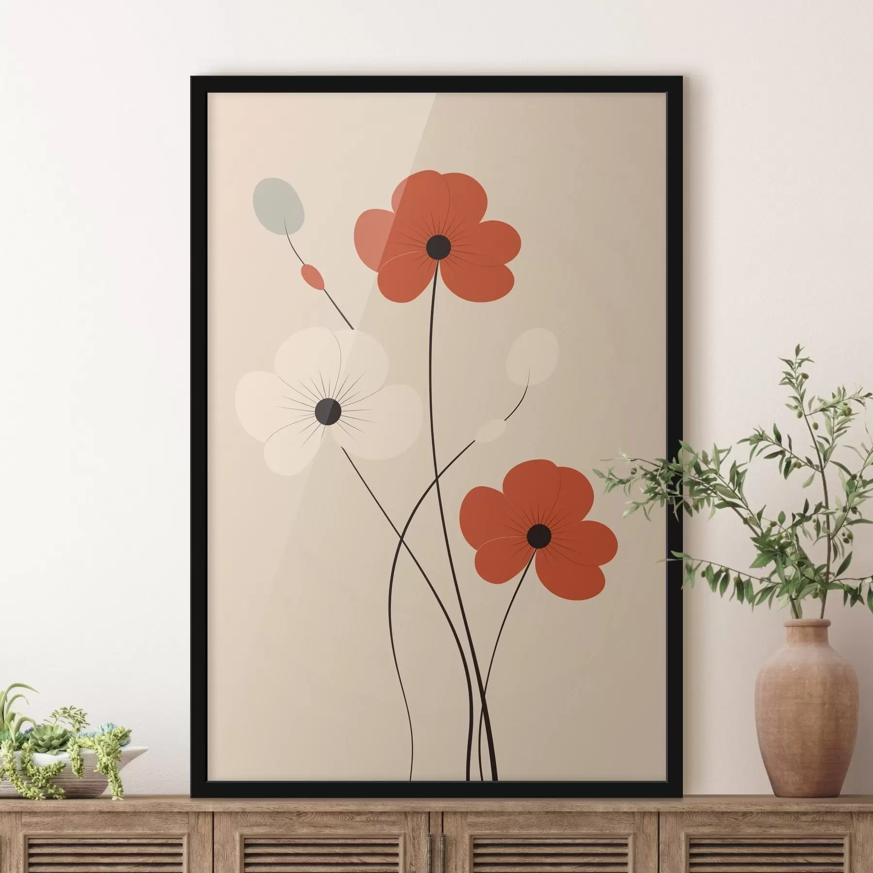 Fototapete Abstrakte Komposition mit dünnen Stielen und einfachen Formen im minimalistischen Stil f46943