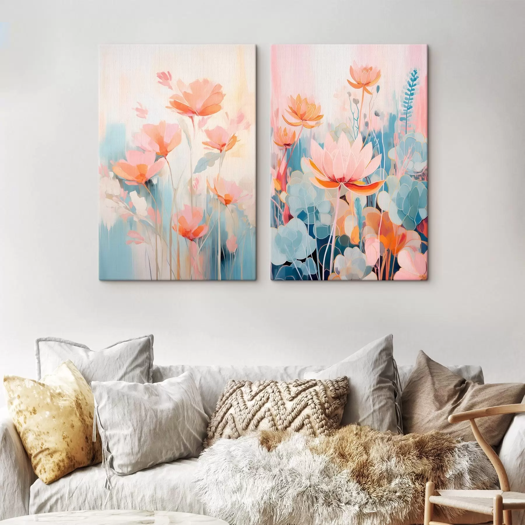 Wandbilder Aquarellharmonie von Blumen in einer rosa-blauen Farbpalette m01084