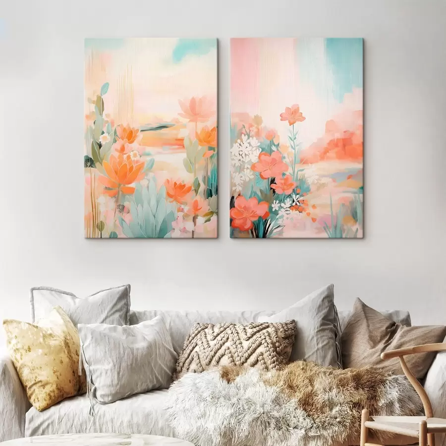 Wandbilder Blumenmotive in Pastelltönen vor dem Hintergrund eines leicht nebligen Tals m01085