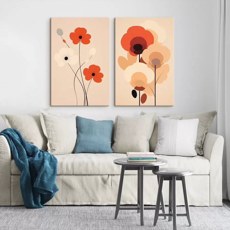 Wandbilder Minimalistisches Blumendiptychon in warmen Beige-Korallentönen mit grafischen Linien m01090