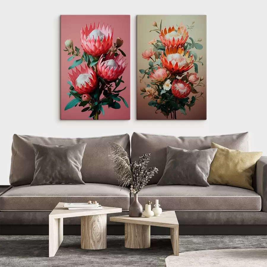 Wandbilder Proteas in zwei Stimmungen: satter rosa Hintergrund und warmer Olivgrün-Farbverlauf m01092