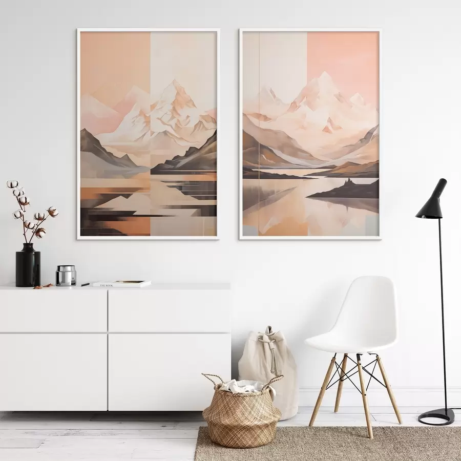 Fototapete Abstrakte Landschaft mit Bergen und einem See, Pastellfarben, minimalistischer Stil d00830