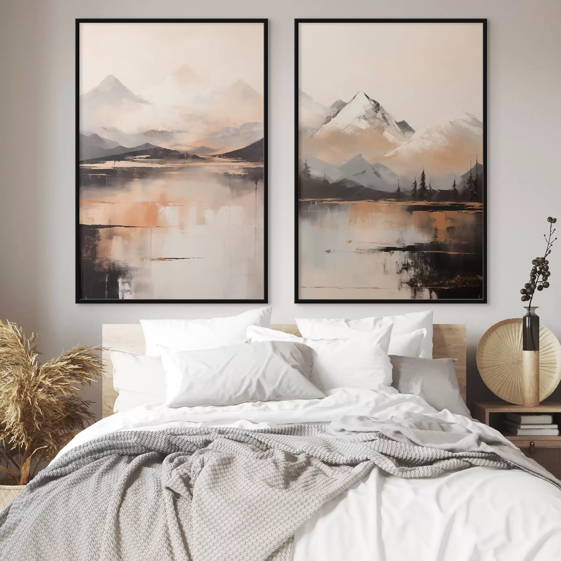 Fototapete Eine Landschaftsmalerei mit Struktur, die Berge und einen See imitiert d00831