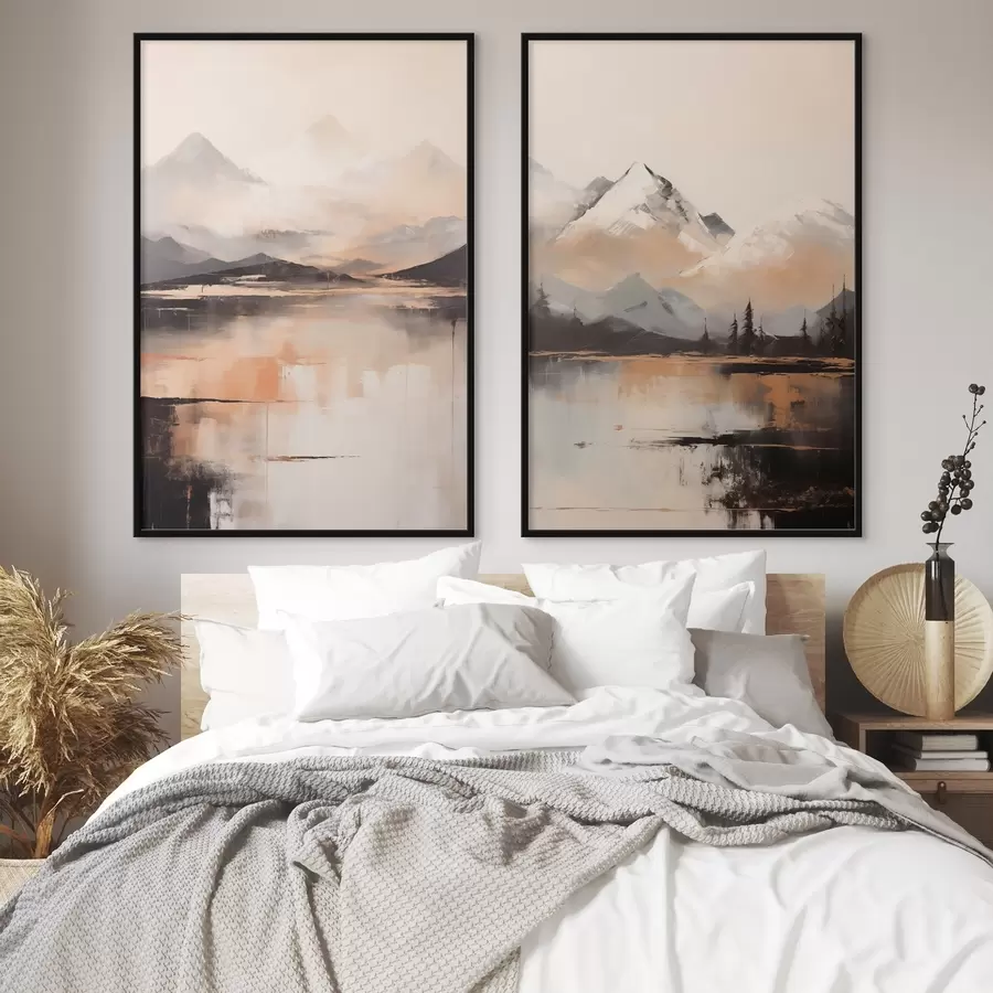 Fototapete Eine Landschaftsmalerei mit Struktur, die Berge und einen See imitiert d00831