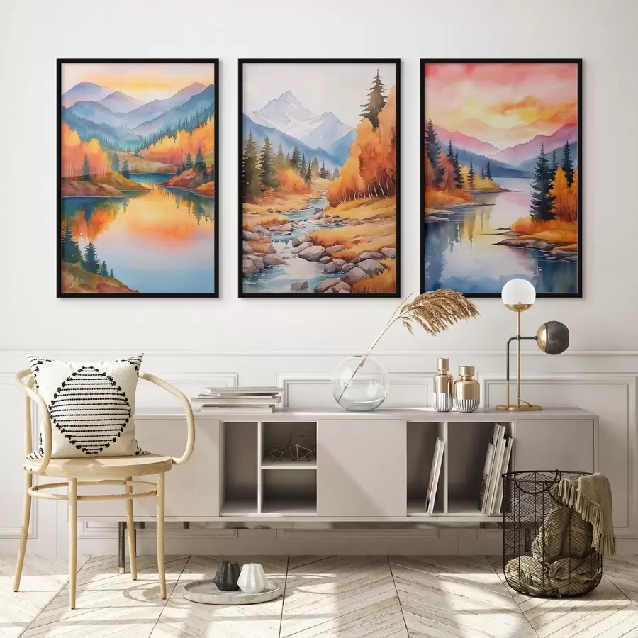 Fototapete Herbstliche Berglandschaft in warmen Sonnenuntergangsfarben d00930