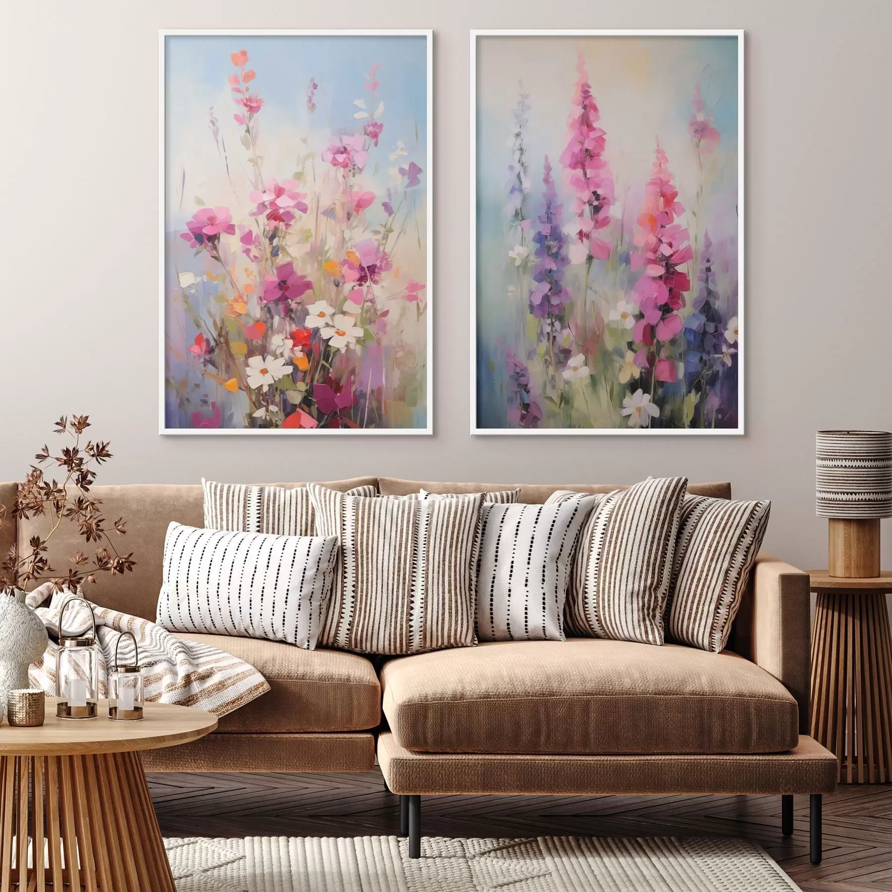 Fototapete Lebendige Blumen mit weißen Gänseblümchen auf einer Wiese, sanfte Pinselstriche, Pastellfarben, impressionistischer Stil d00882
