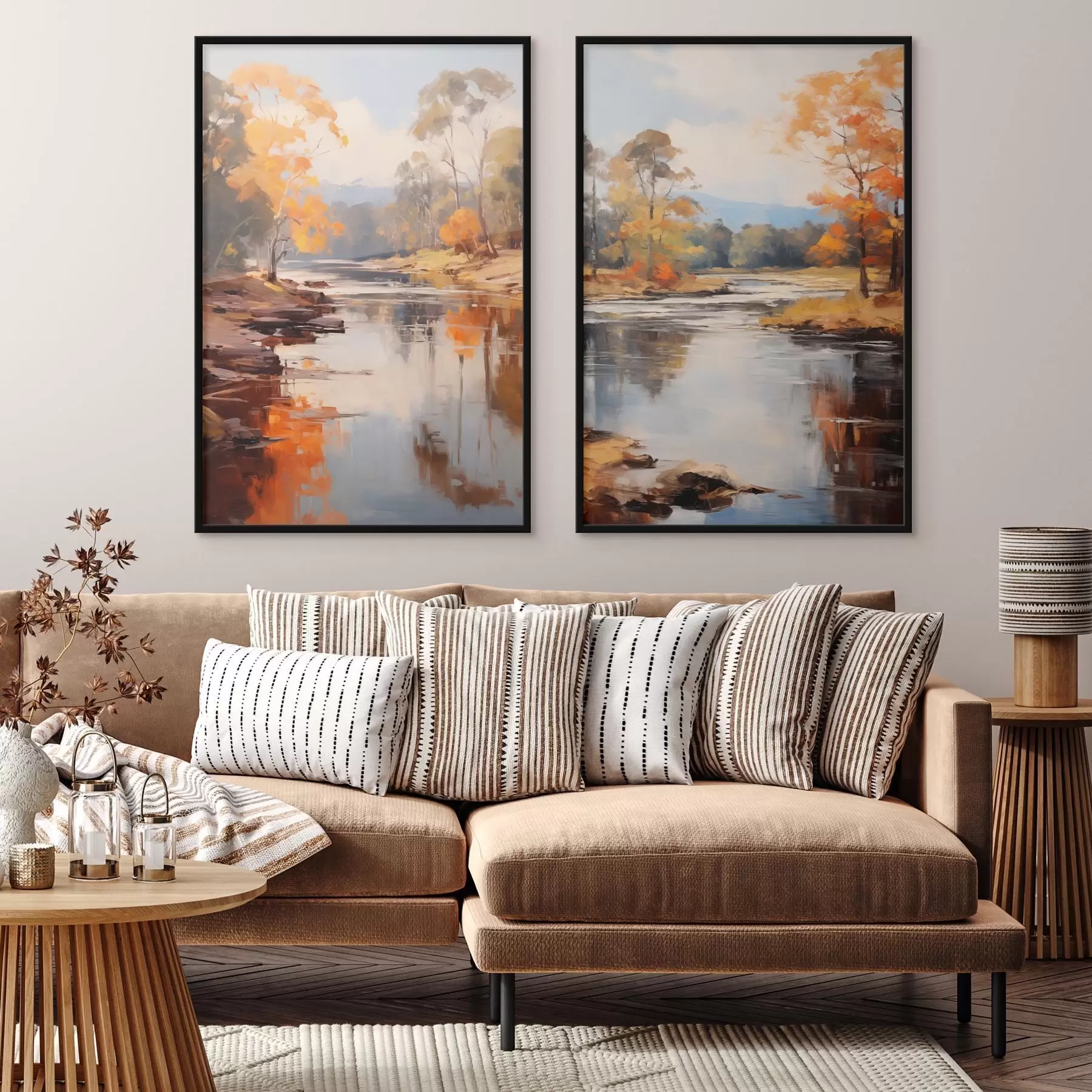 Fototapete Herbstlandschaft, Fluss mit Bäumen am Ufer, Wald im Hintergrund, Spiegelungen auf dem Wasser d00883