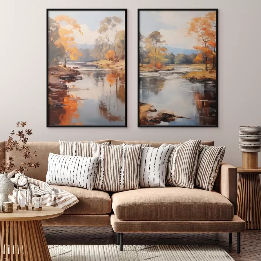 Fototapete Herbstlandschaft, Fluss mit Bäumen am Ufer, Wald im Hintergrund, Spiegelungen auf dem Wasser d00883