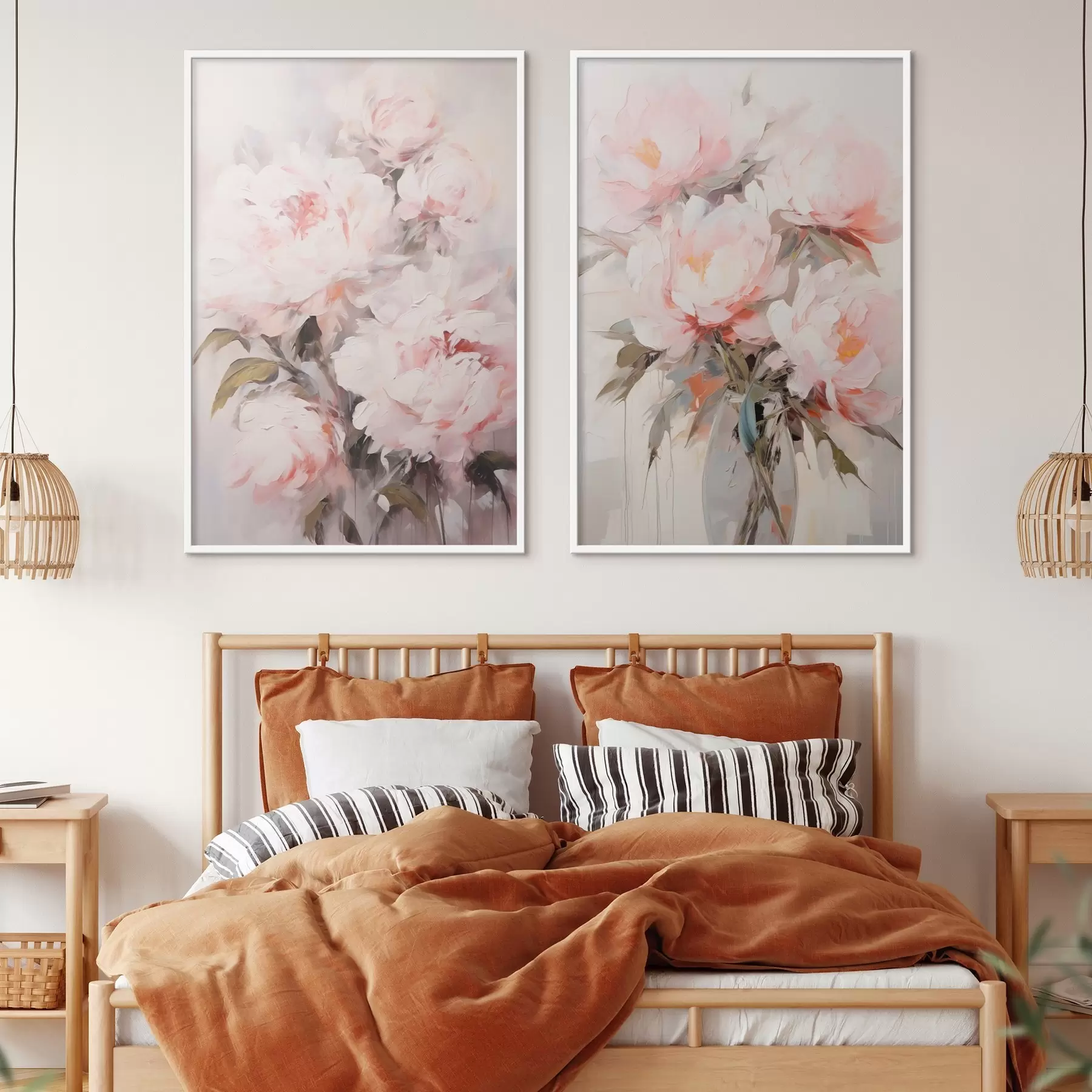 Fototapete Ein Strauß hellrosa Pfingstrosen mit grünen Blättern, sanfte Pinselstriche, Pastellfarben, auf hellem Hintergrund d00890