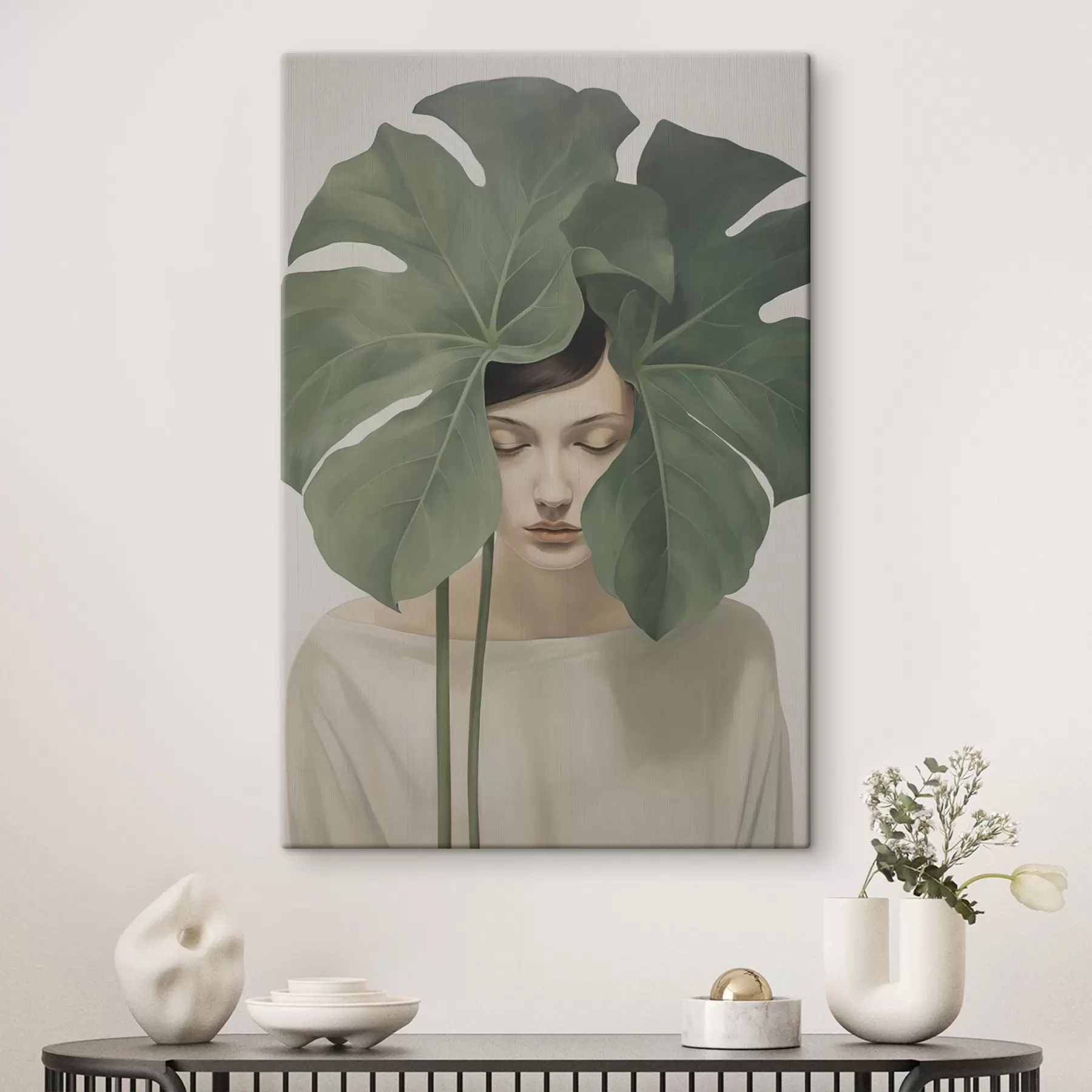 Wandbilder Mädchen mit tropischen Blättern s47335