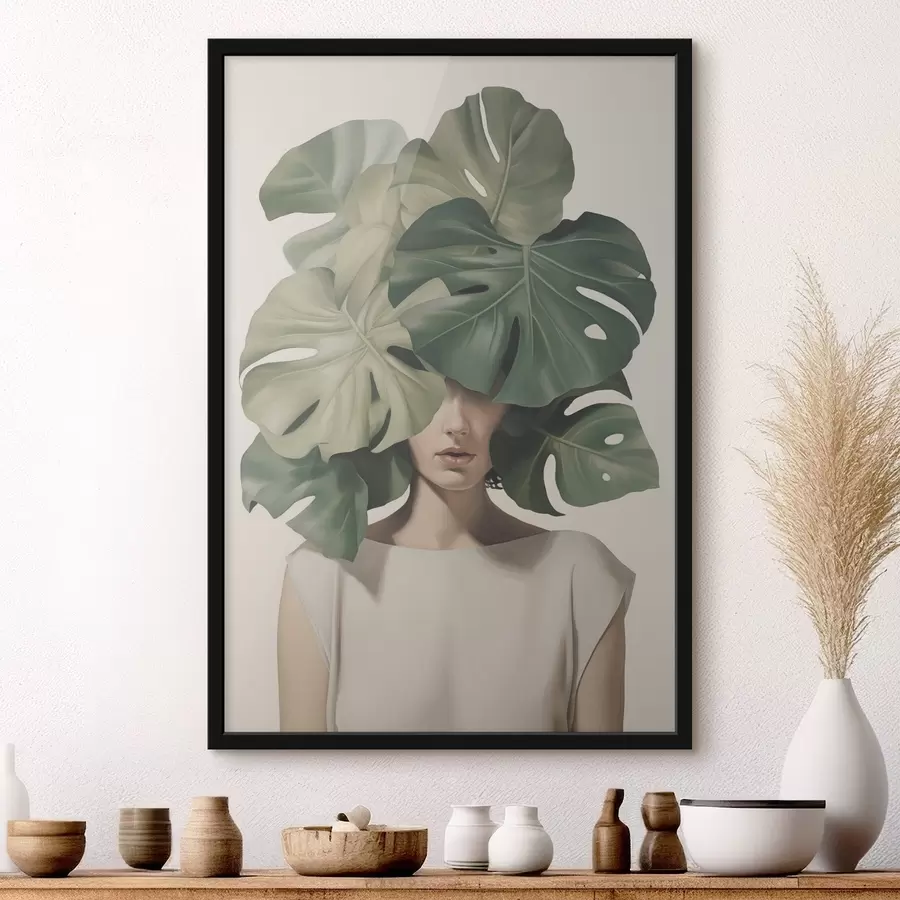Fototapete Abstraktes Porträt eines Mädchens mit Monstera-Blättern f47336
