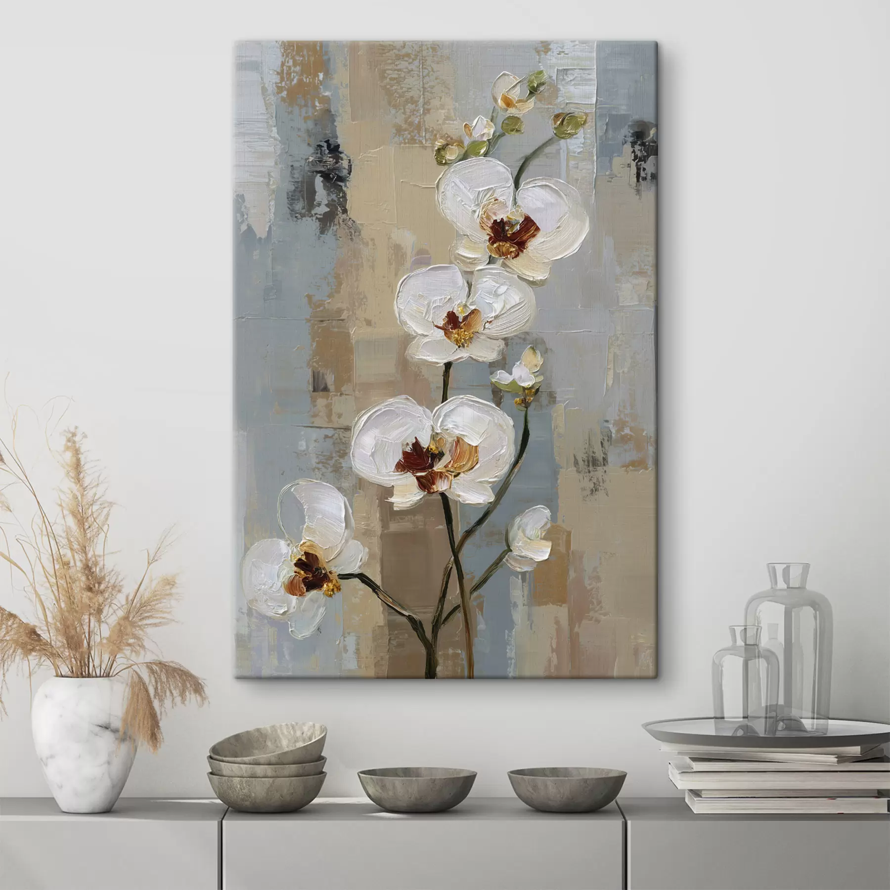 Wandbilder weiße Orchideenblüten im Stil eines Ölgemäldes s47131